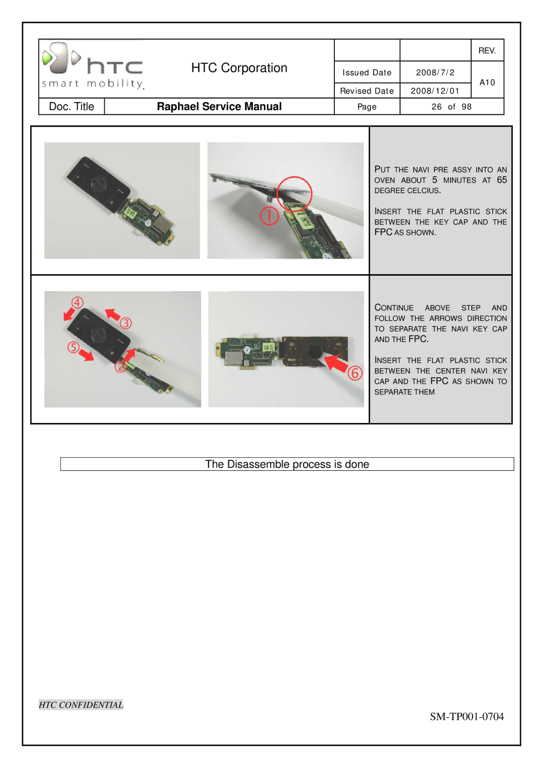 HTC SM-TP001-0704 manual Disassemble process is done 