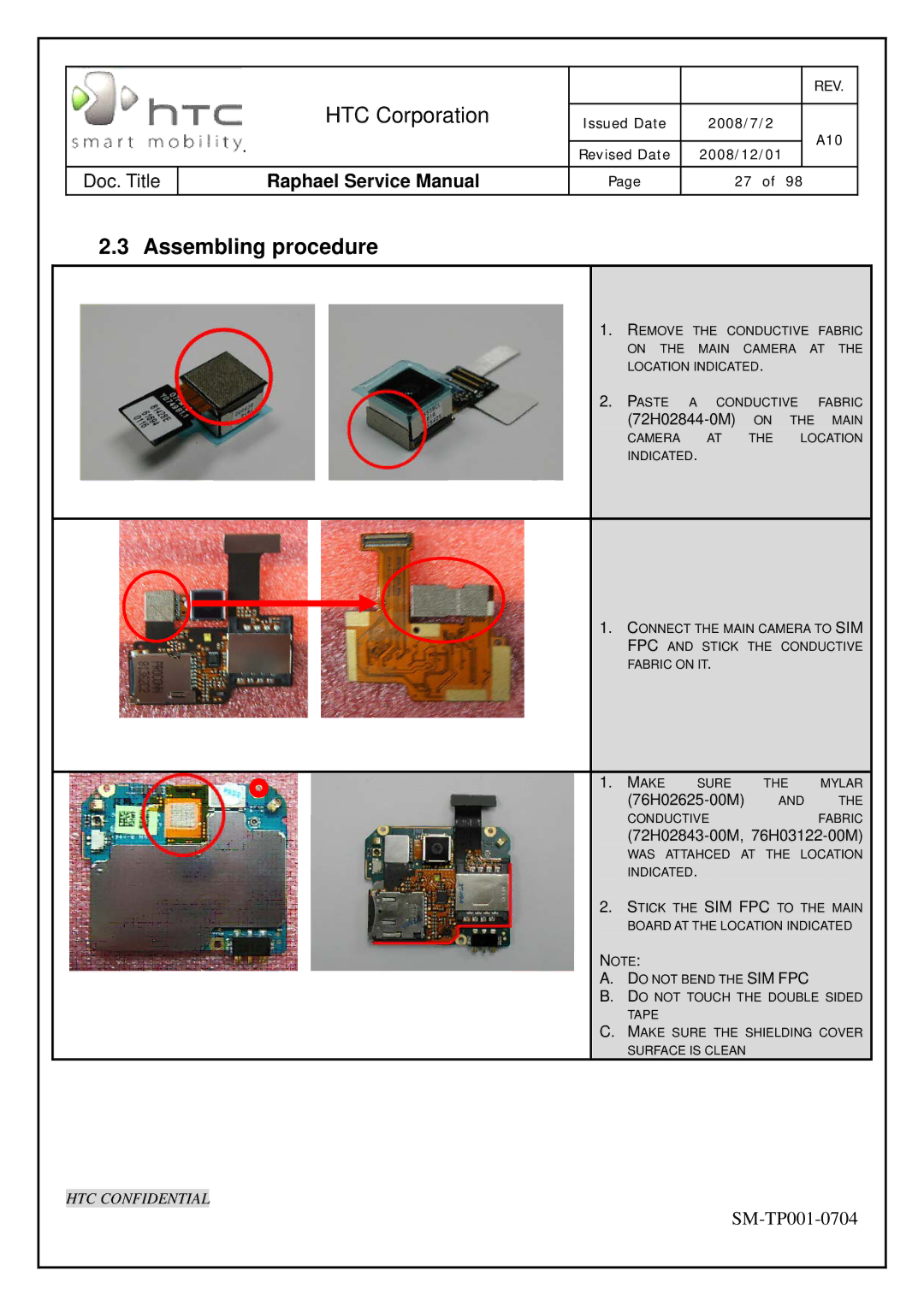 HTC SM-TP001-0704 manual Assembling procedure, 72H02844-0M on the Main 