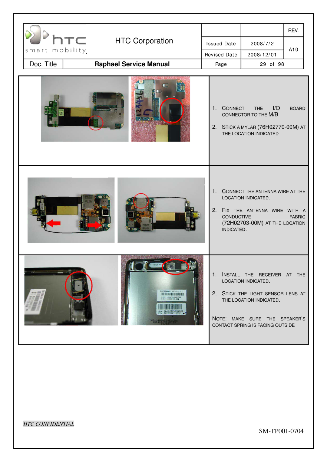 HTC SM-TP001-0704 manual Stick a Mylar 76H02770-00M AT 