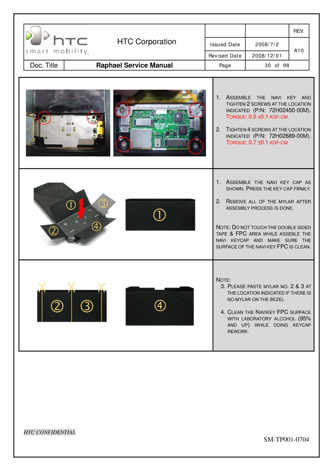 HTC SM-TP001-0704 manual Torque 0.5 ±0.1 KGF-CM 