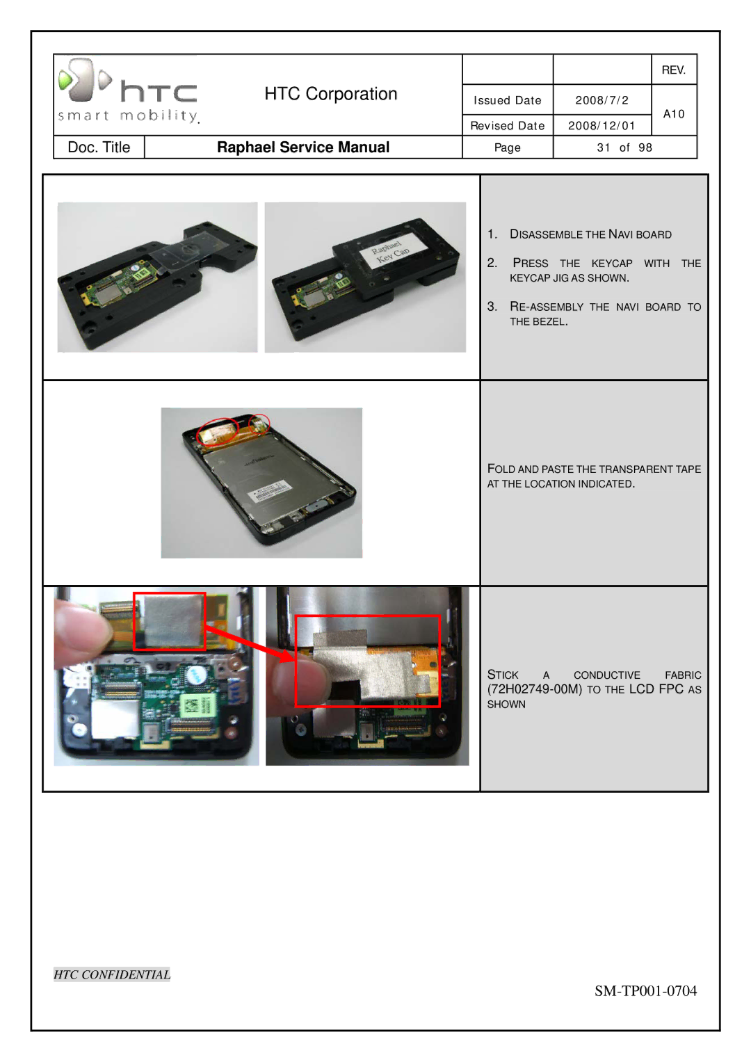 HTC SM-TP001-0704 manual 72H02749-00M to the LCD FPC AS 