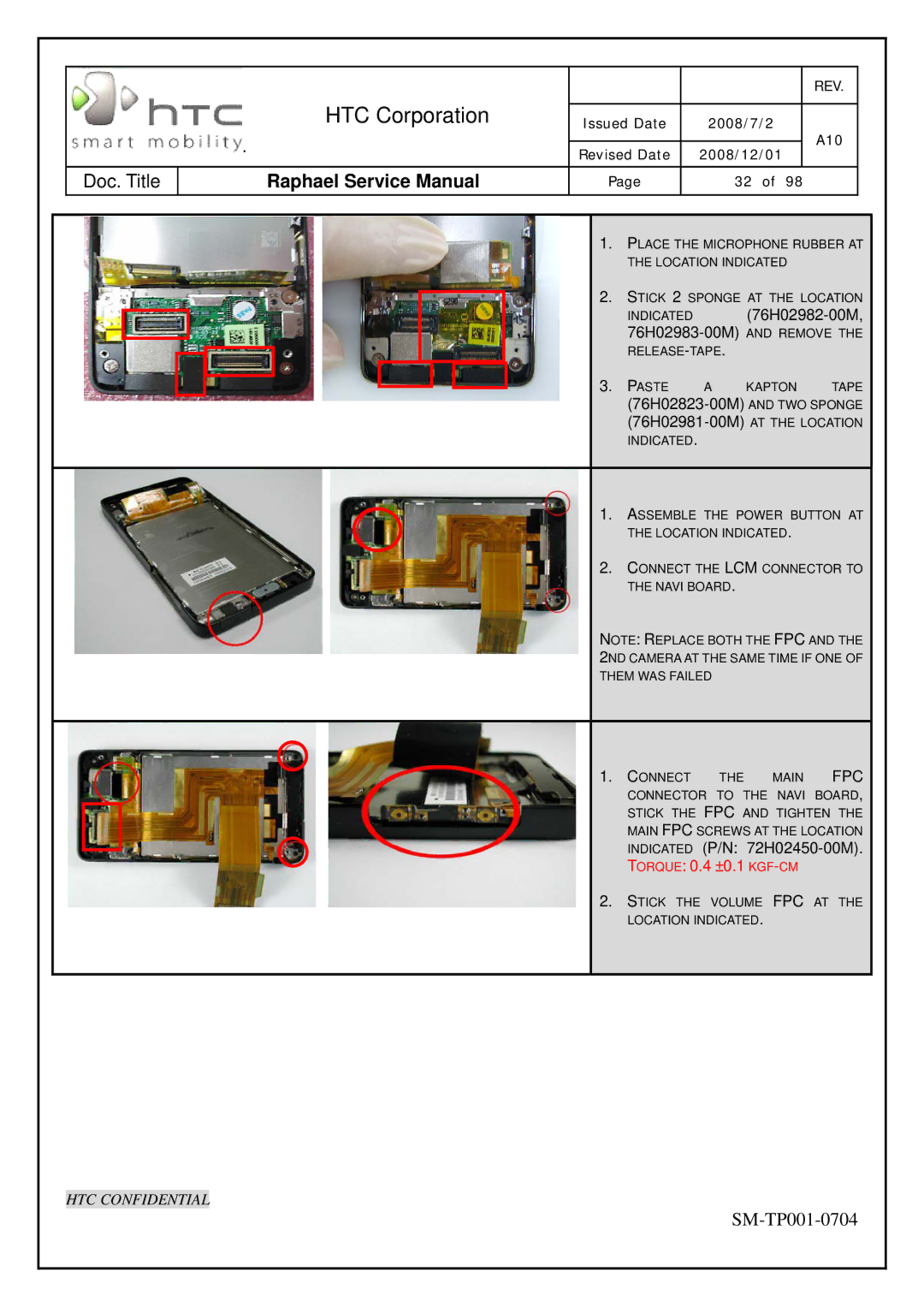 HTC SM-TP001-0704 manual Torque 0.4 ±0.1 KGF-CM 