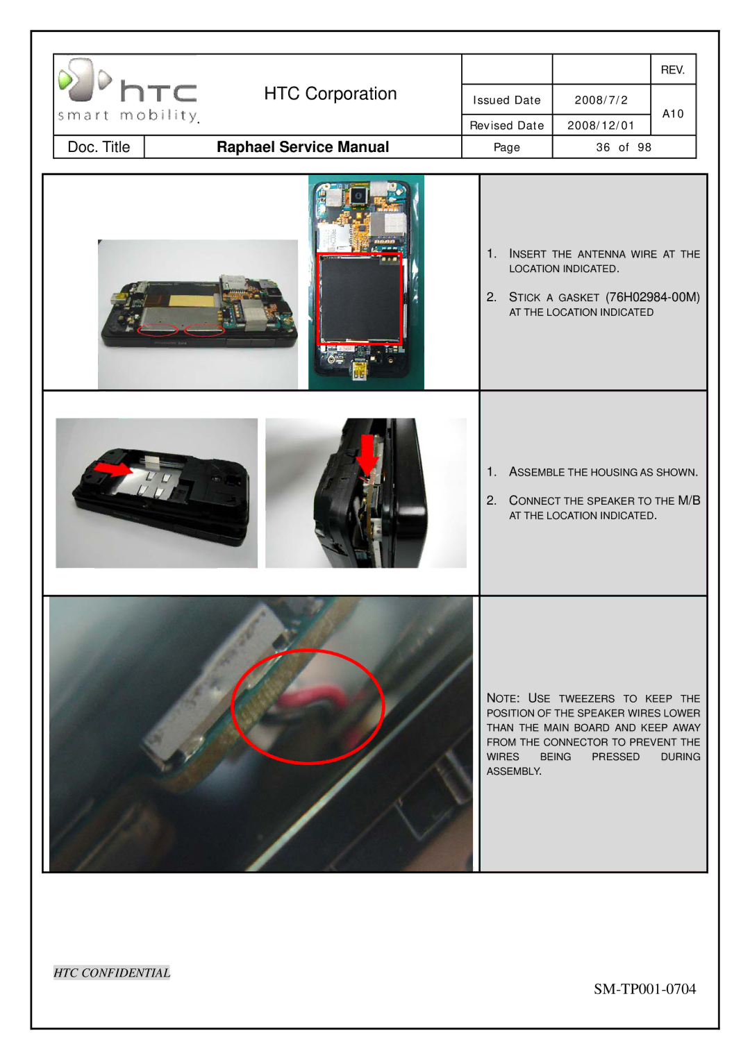 HTC SM-TP001-0704 manual Stick a Gasket 76H02984-00M 