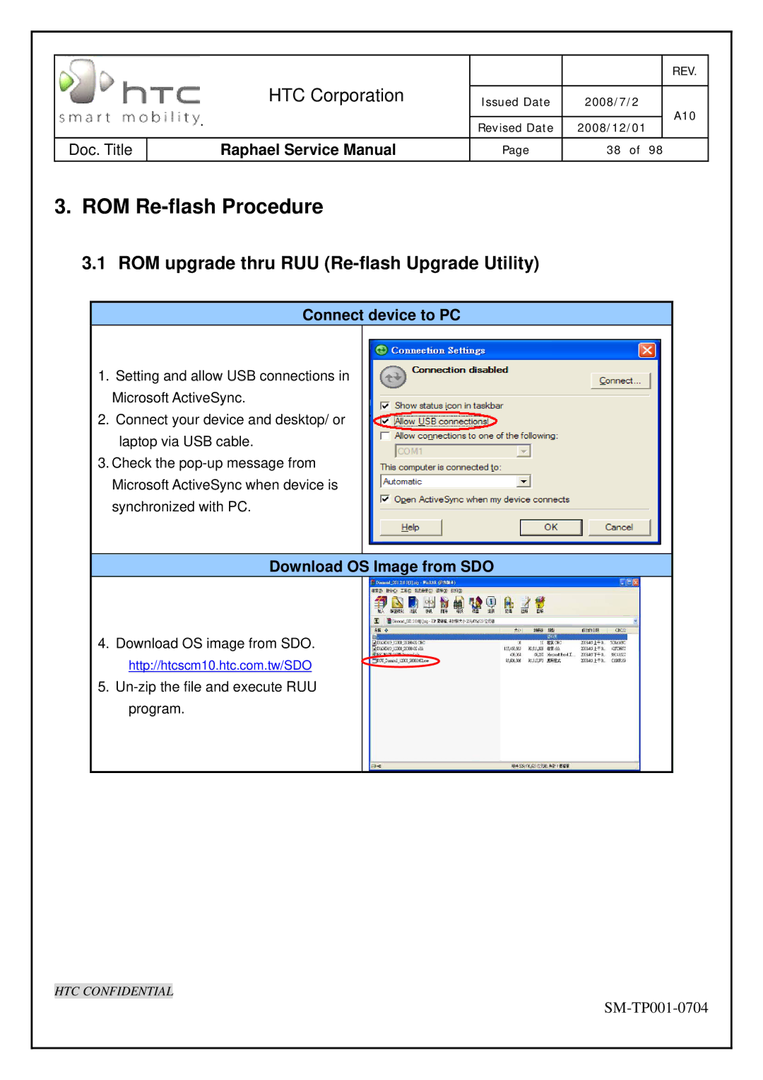 HTC SM-TP001-0704 manual ROM Re-flash Procedure, ROM upgrade thru RUU Re-flash Upgrade Utility, Connect device to PC 