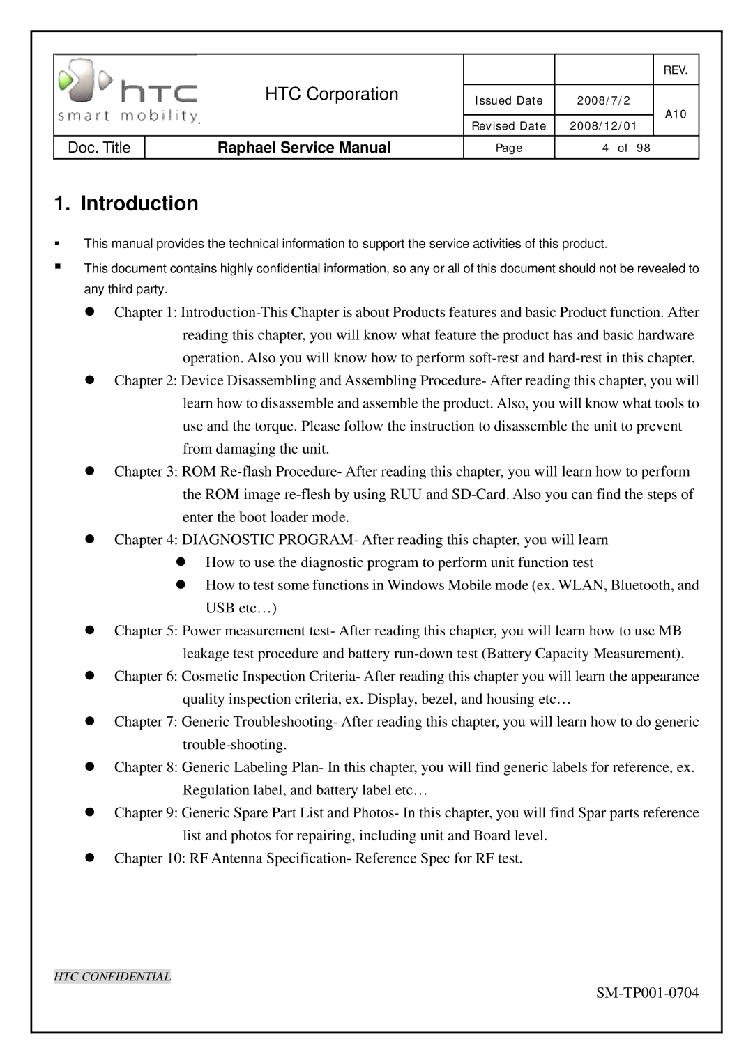 HTC SM-TP001-0704 manual Introduction 