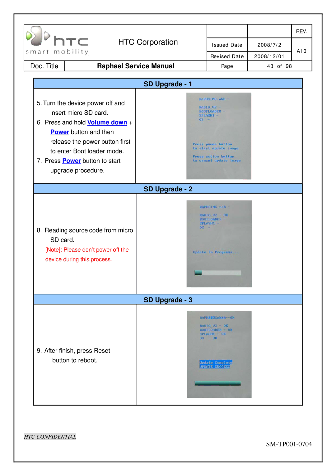 HTC SM-TP001-0704 manual SD Upgrade 