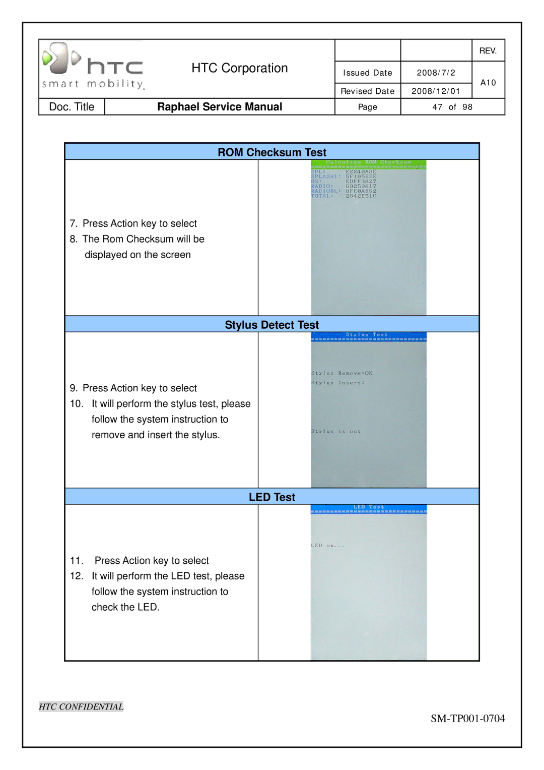 HTC SM-TP001-0704 manual ROM Checksum Test, Stylus Detect Test, LED Test 