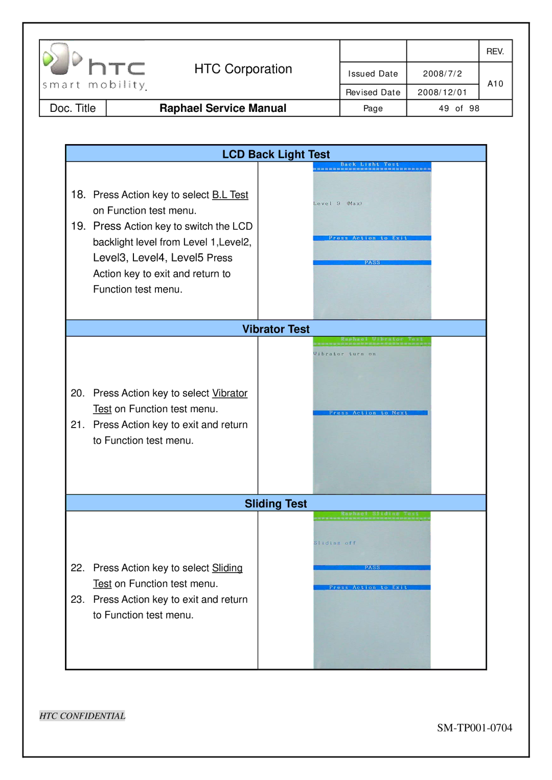 HTC SM-TP001-0704 manual LCD Back Light Test, Vibrator Test, Sliding Test 
