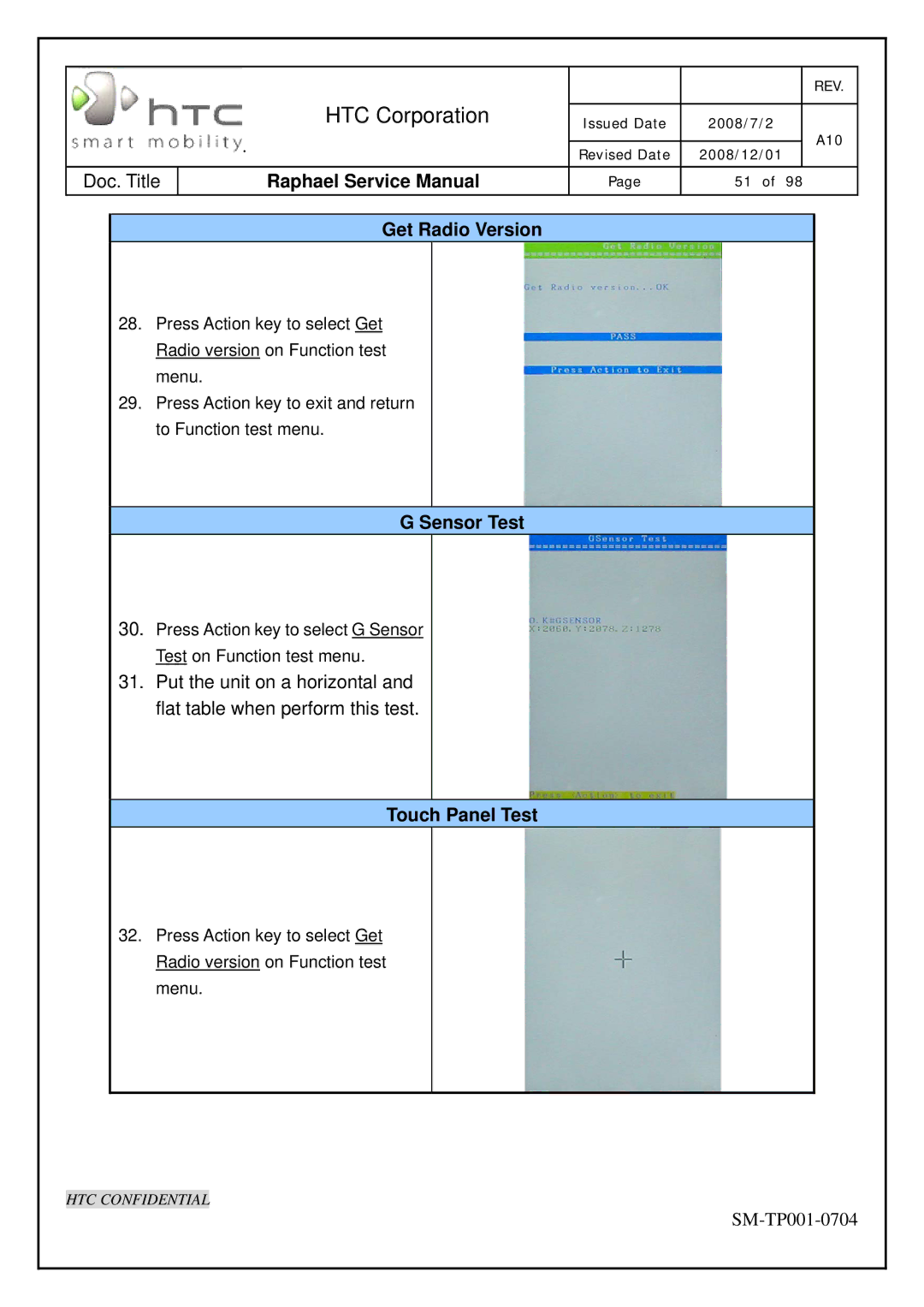 HTC SM-TP001-0704 manual Get Radio Version, Sensor Test, Touch Panel Test 