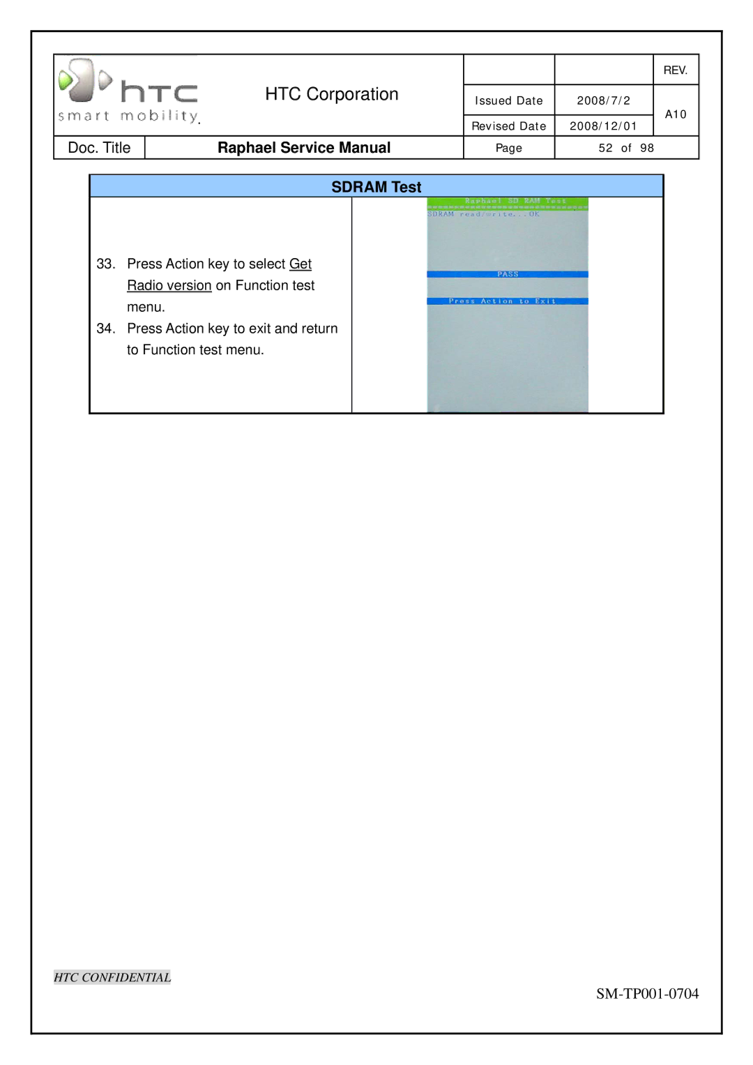 HTC SM-TP001-0704 manual Sdram Test 