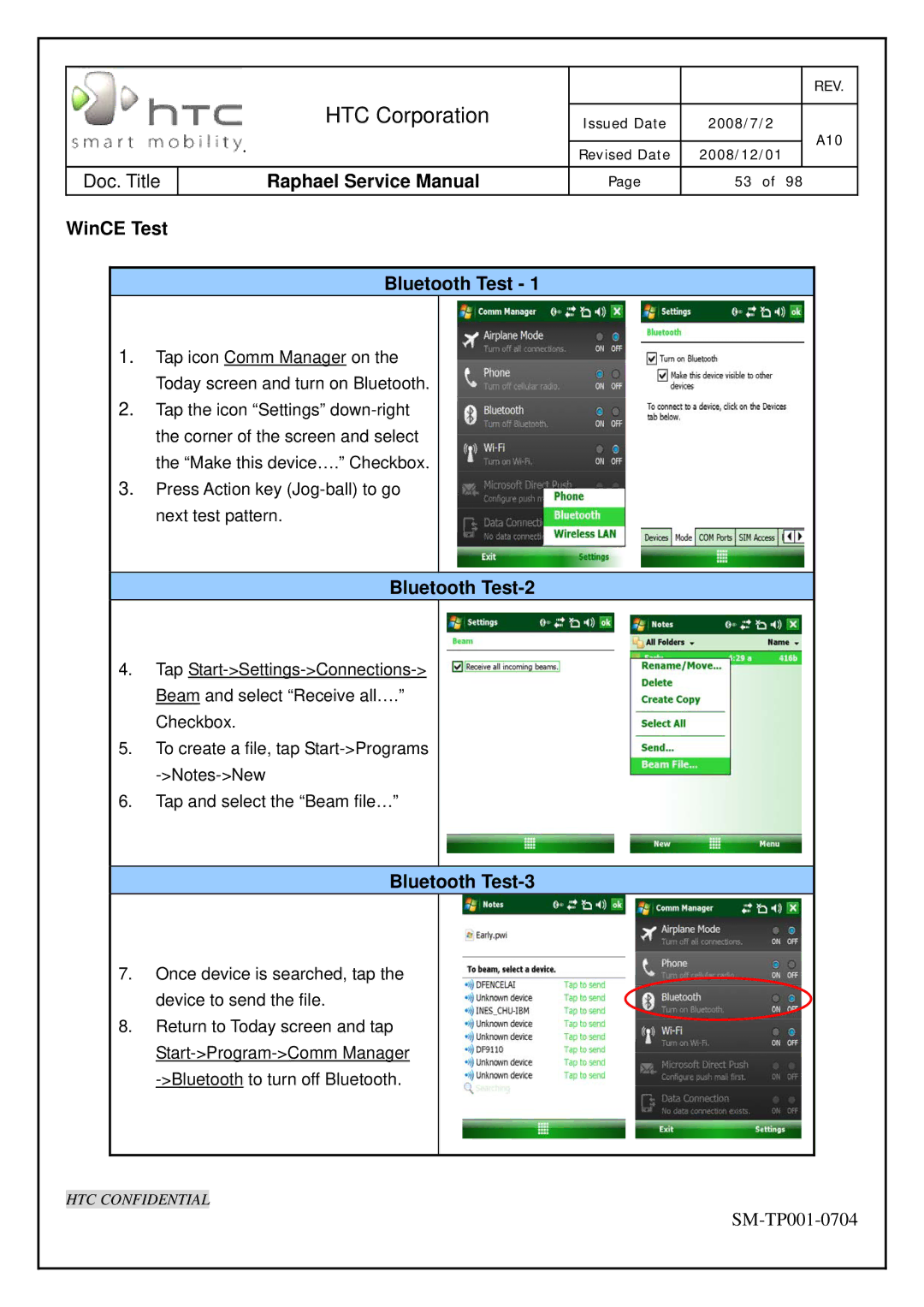HTC SM-TP001-0704 manual WinCE Test, Bluetooth Test-2, Bluetooth Test-3 