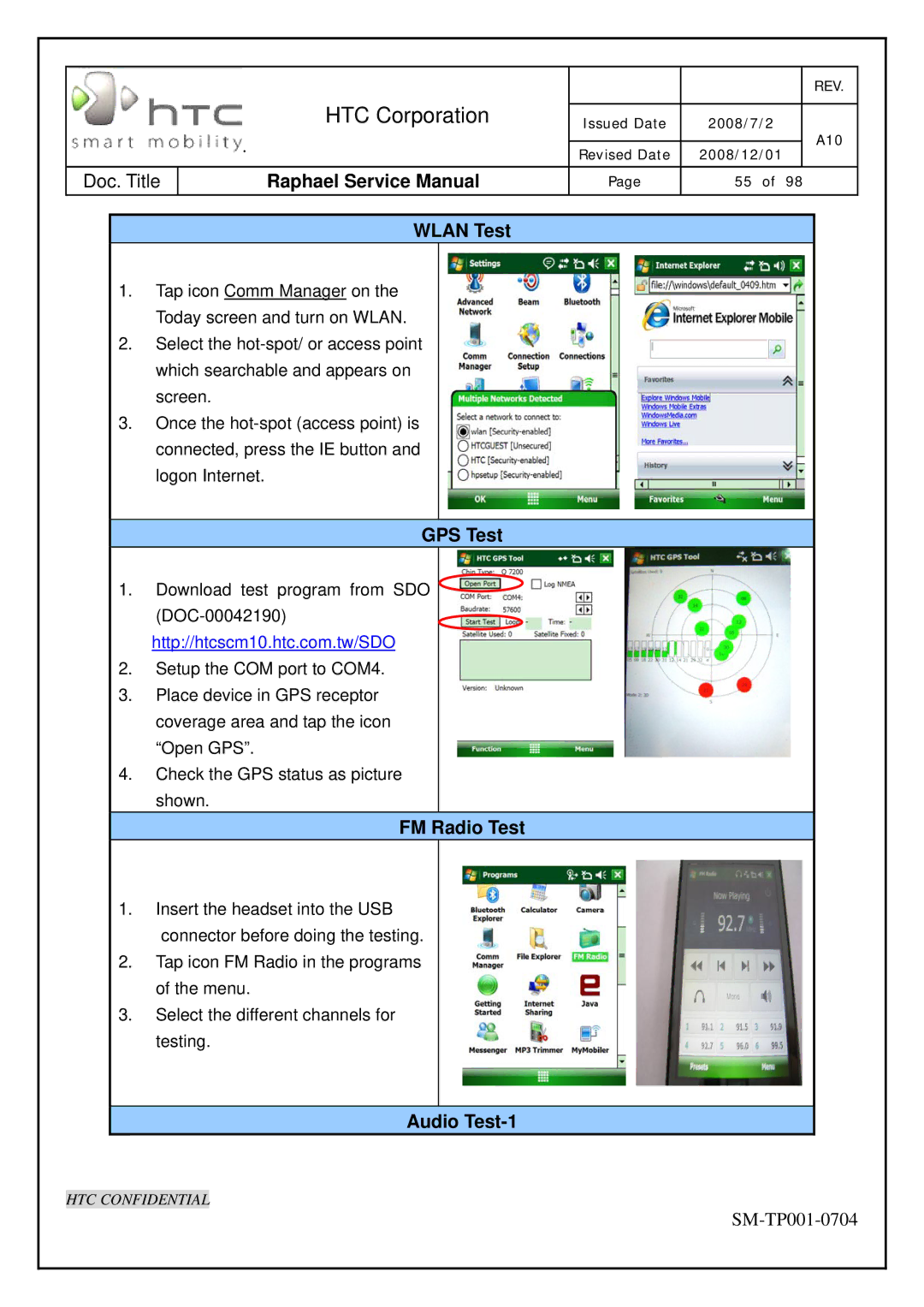 HTC SM-TP001-0704 manual Wlan Test, GPS Test, FM Radio Test, Audio Test-1 