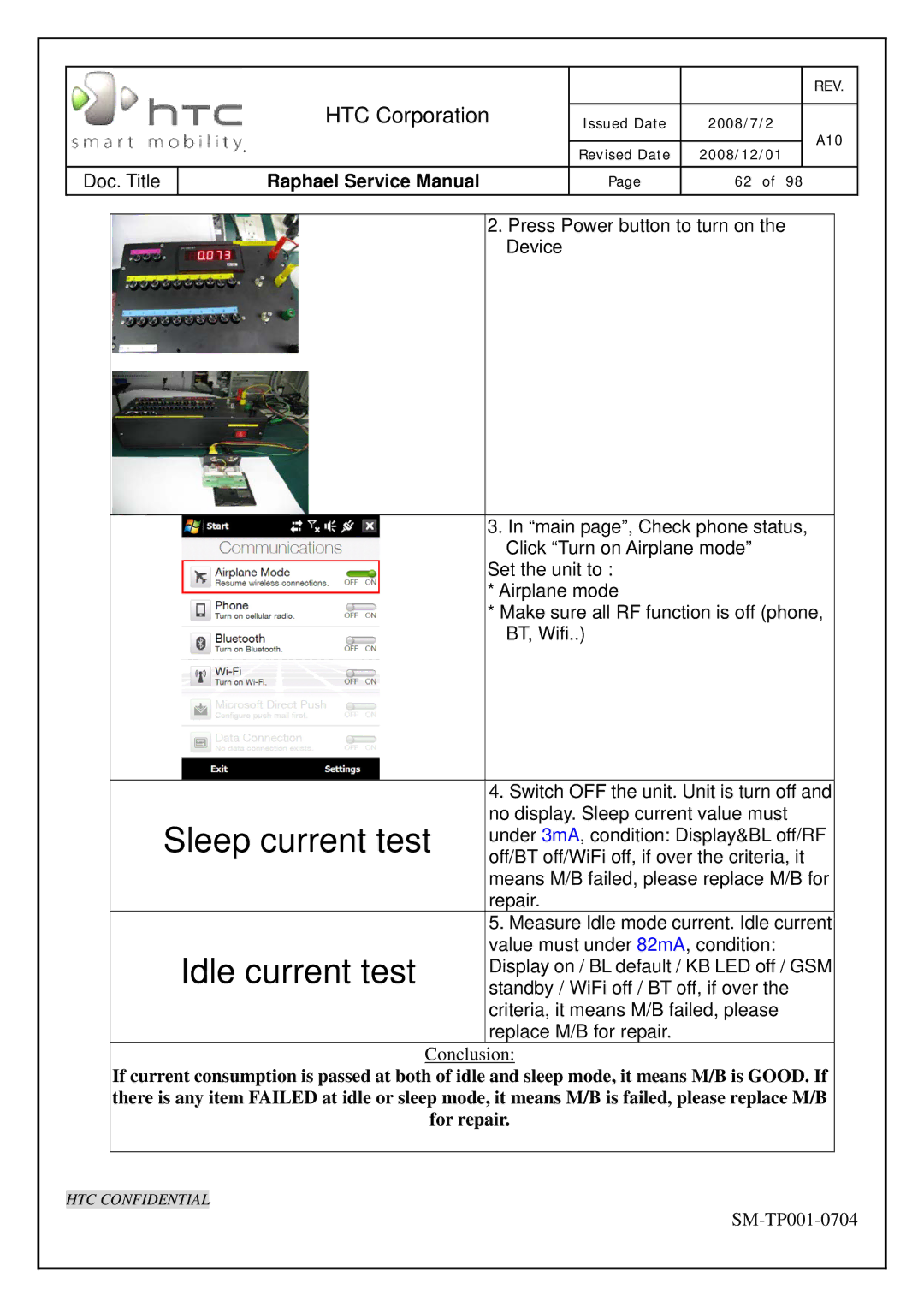 HTC SM-TP001-0704 manual Sleep current test 