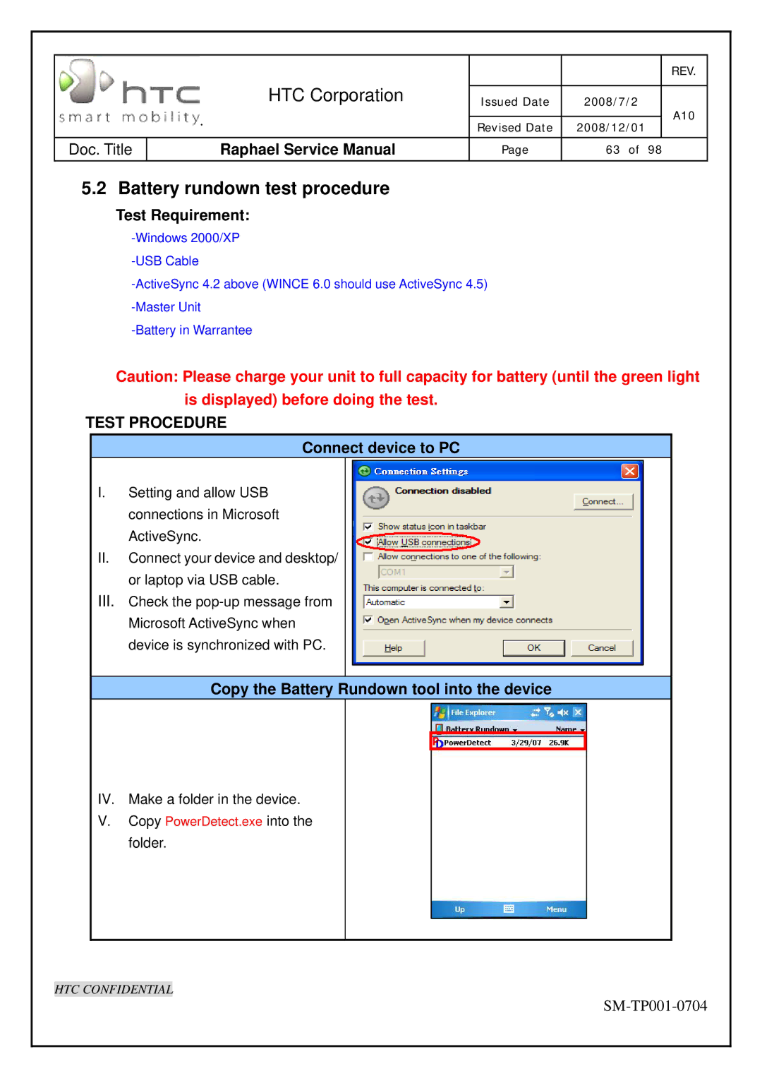 HTC SM-TP001-0704 manual Battery rundown test procedure, Test Requirement, Copy the Battery Rundown tool into the device 