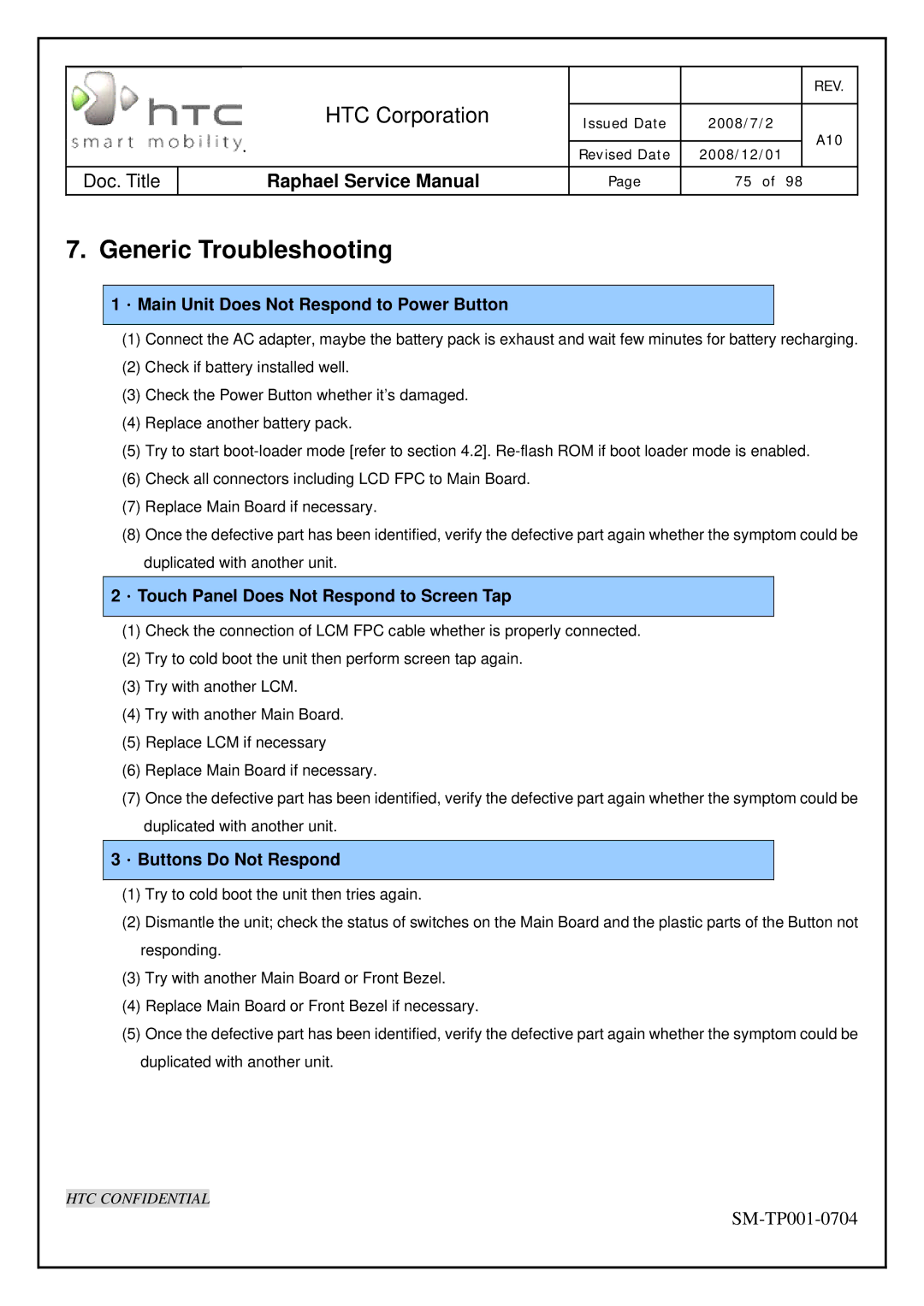 HTC SM-TP001-0704 manual Generic Troubleshooting, ．Main Unit Does Not Respond to Power Button 