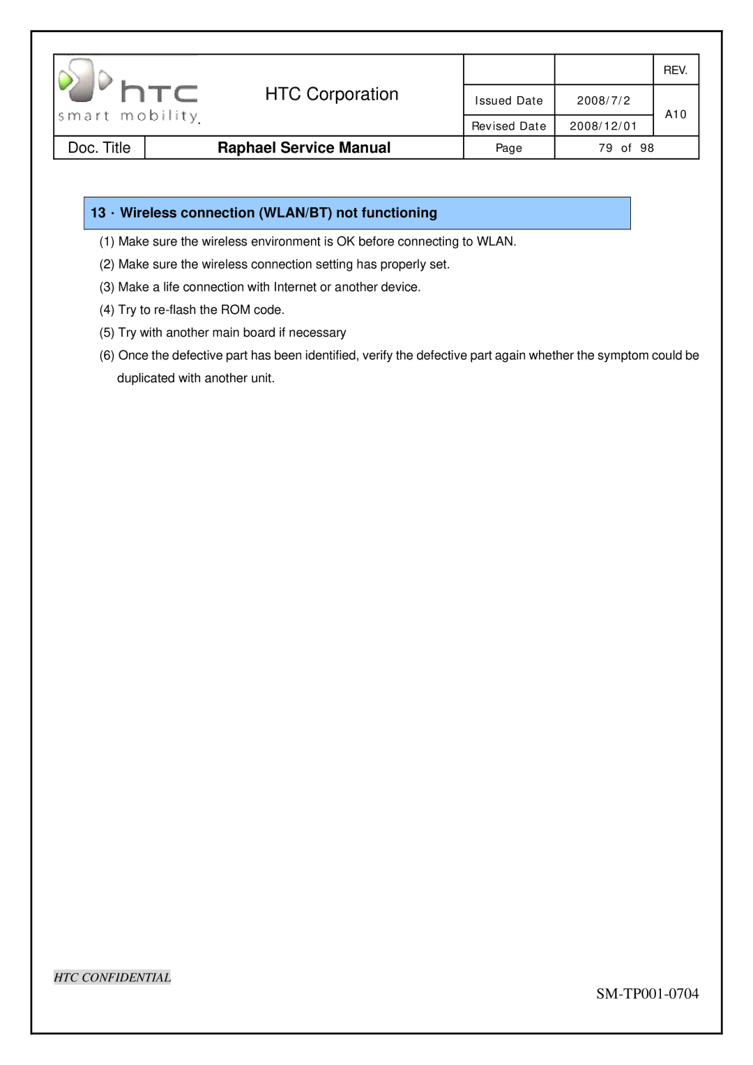 HTC SM-TP001-0704 manual 13．Wireless connection WLAN/BT not functioning 