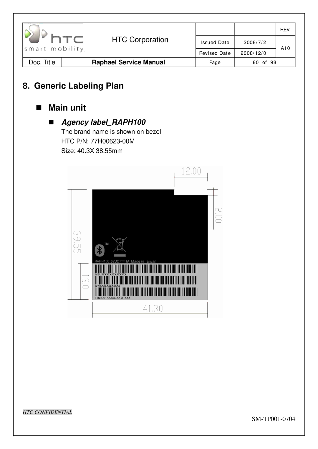 HTC SM-TP001-0704 manual Generic Labeling Plan Main unit, Agency labelRAPH100 