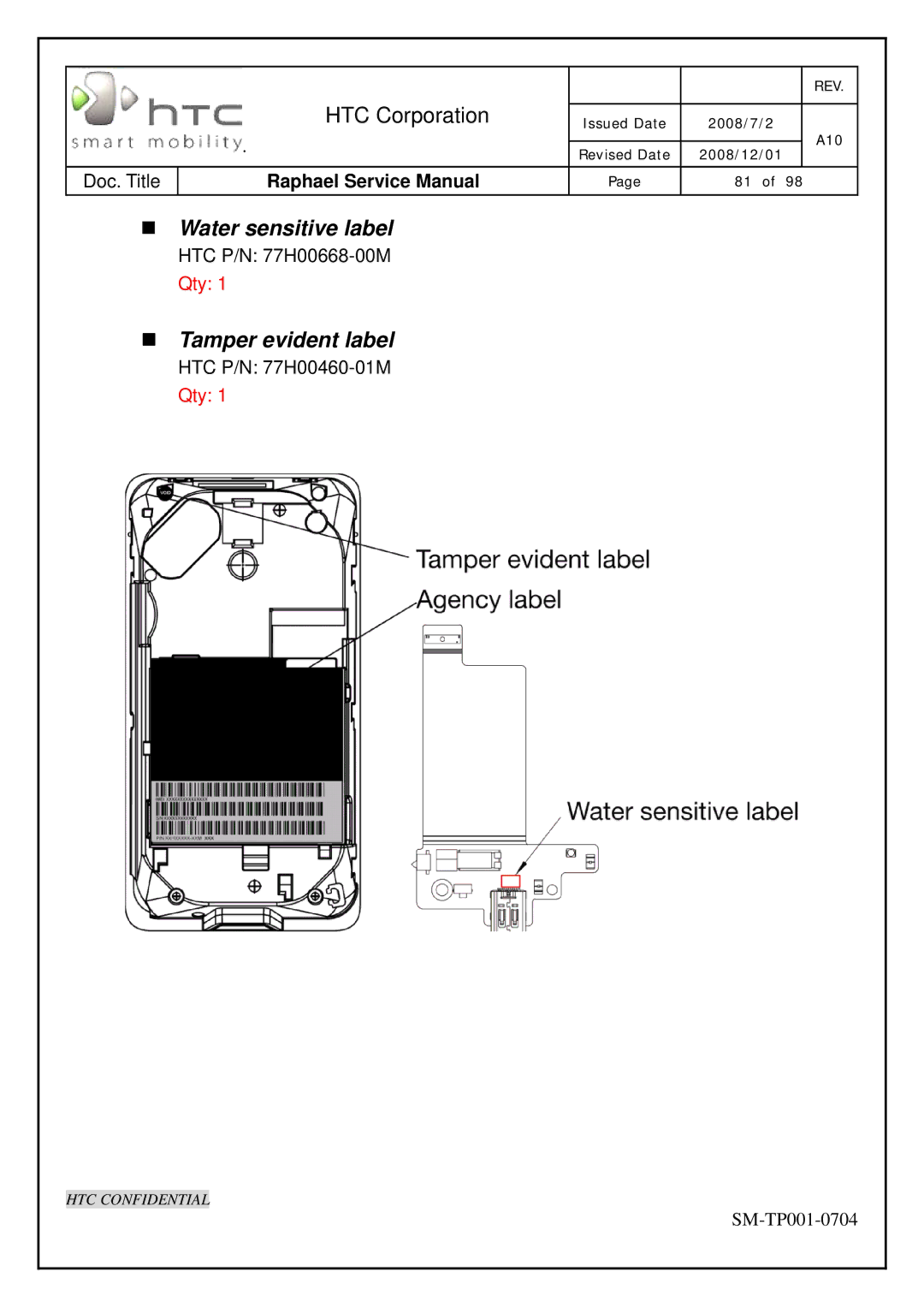 HTC SM-TP001-0704 manual Water sensitive label 