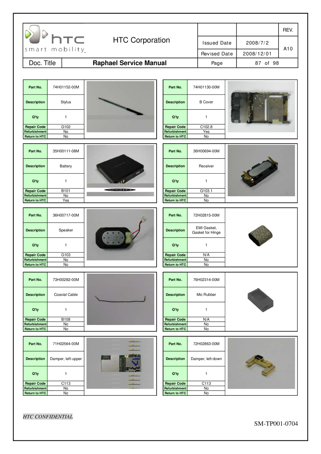 HTC SM-TP001-0704 manual 74H01152-00M 