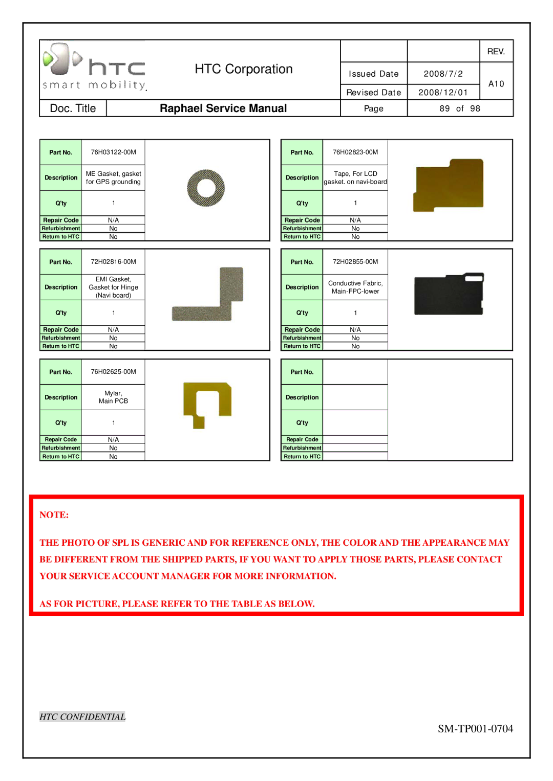 HTC SM-TP001-0704 manual 76H03122-00M 
