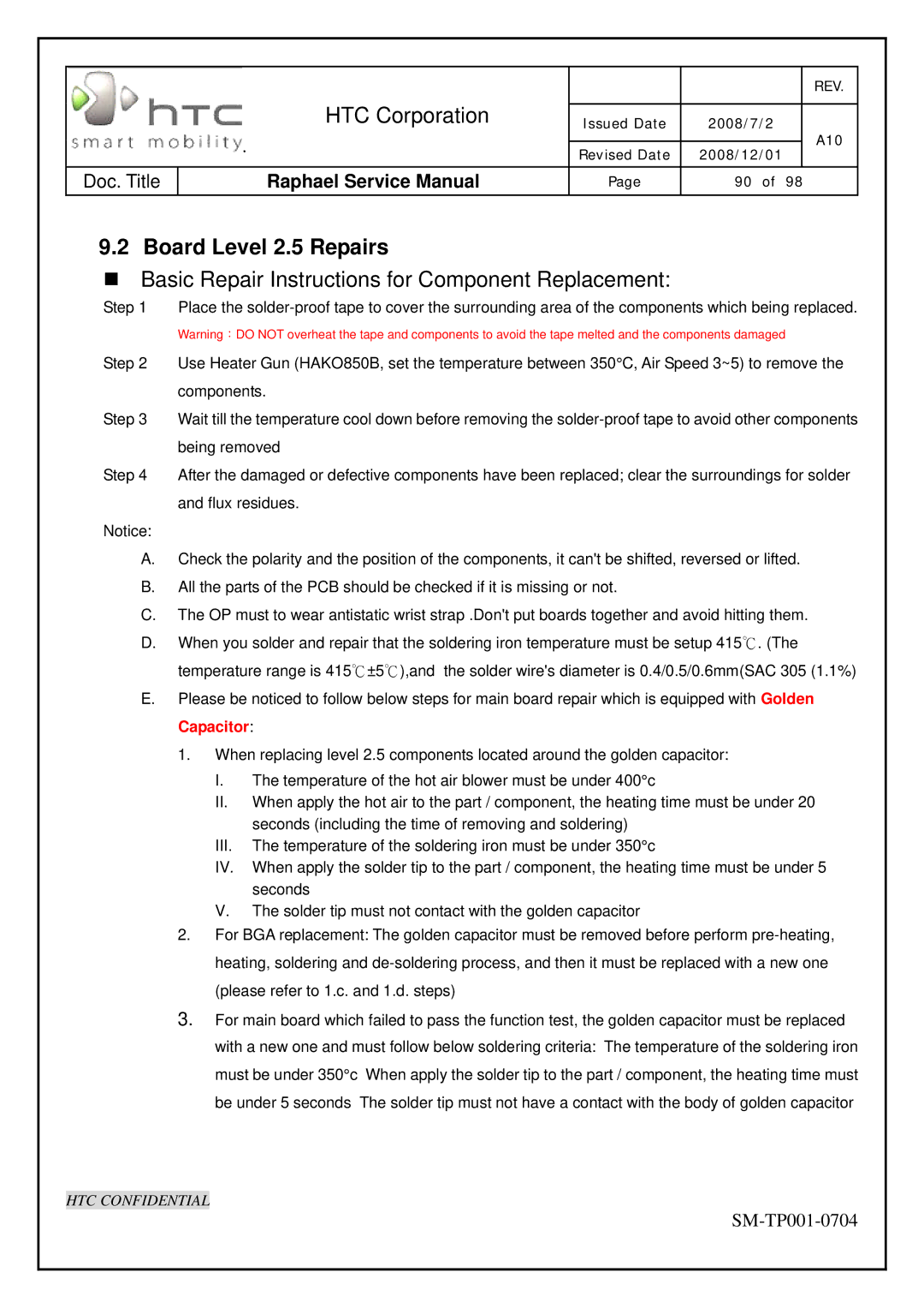 HTC SM-TP001-0704 manual Board Level 2.5 Repairs, Basic Repair Instructions for Component Replacement 