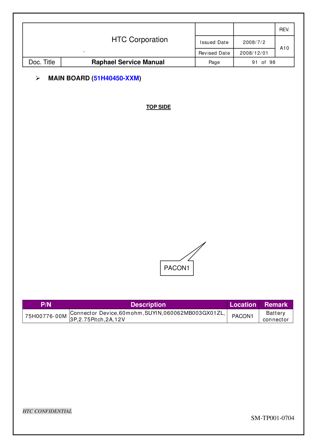 HTC SM-TP001-0704 manual Main Board 51H40450-XXM 