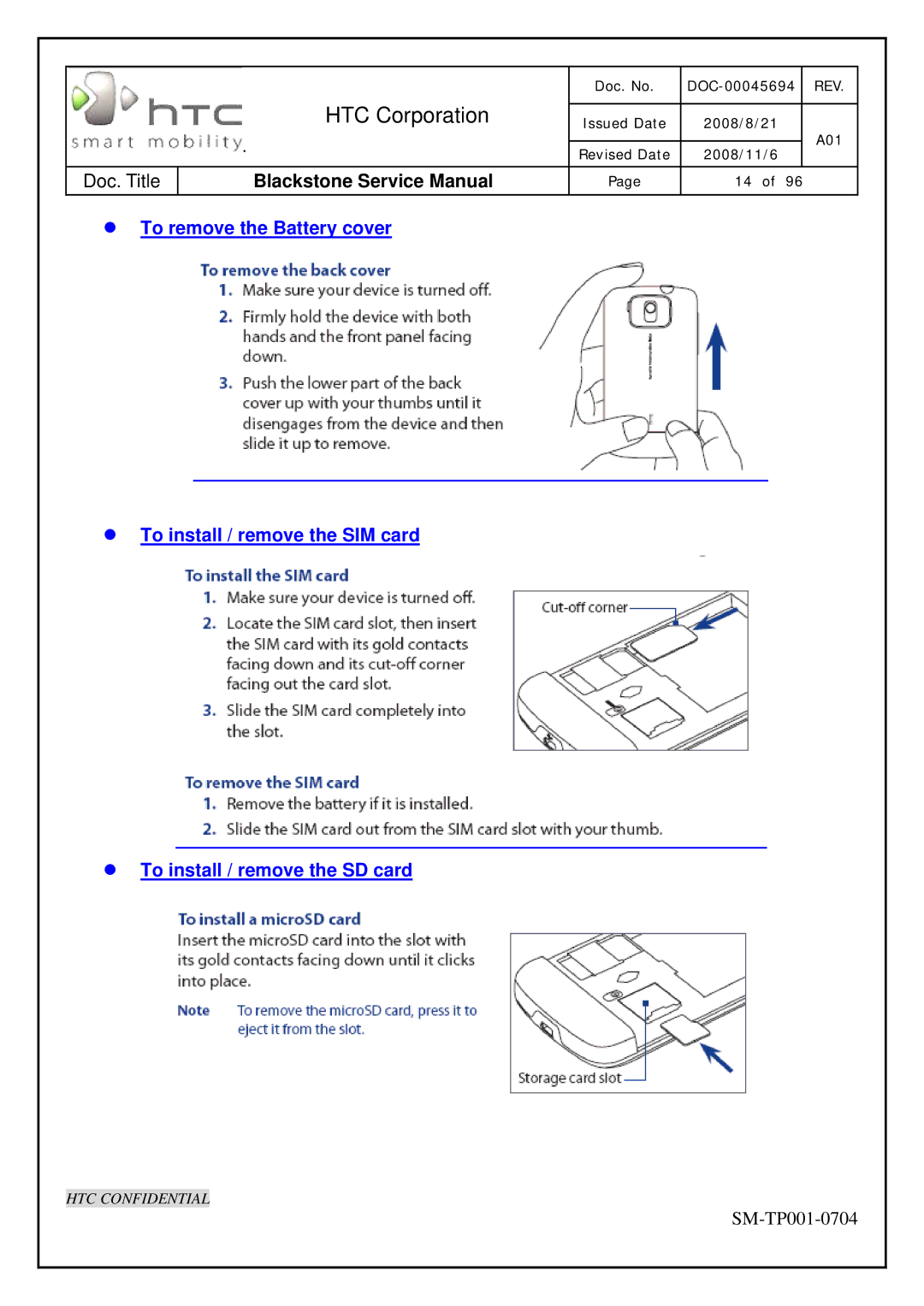 HTC SM-TP001-0704 service manual To remove the Battery cover 