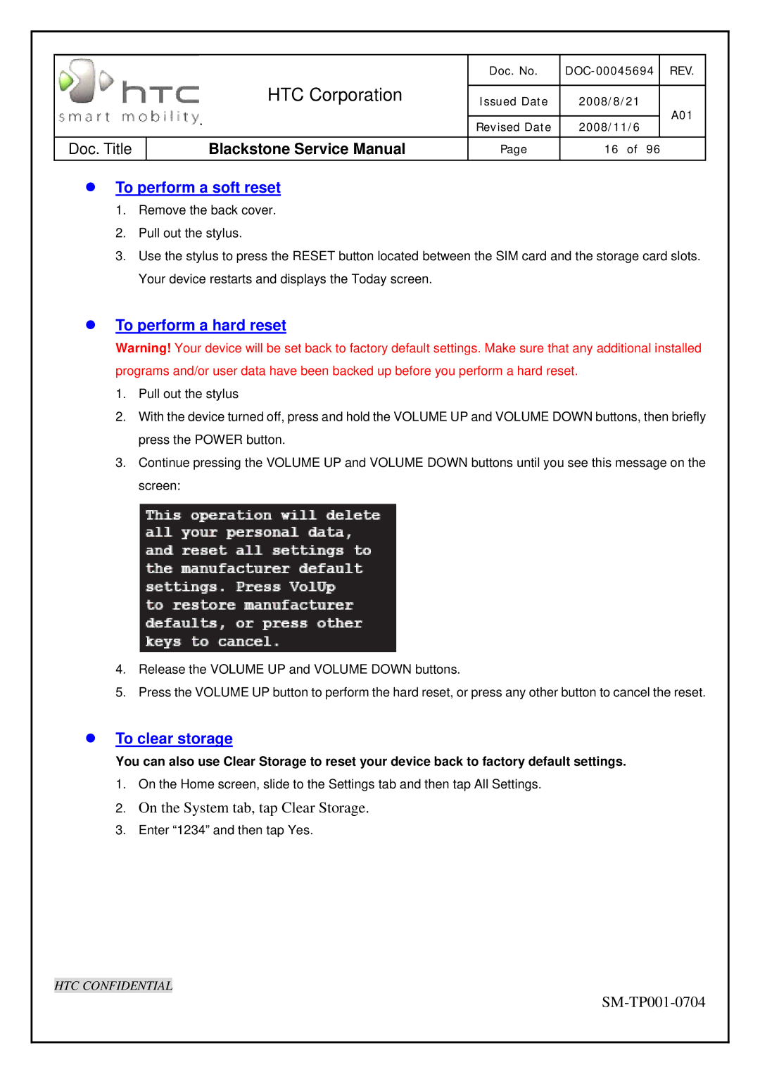 HTC SM-TP001-0704 service manual To perform a soft reset 