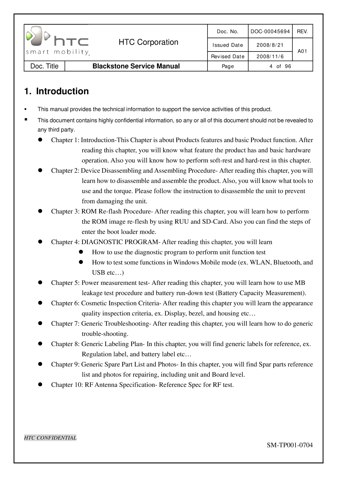 HTC SM-TP001-0704 service manual Introduction 