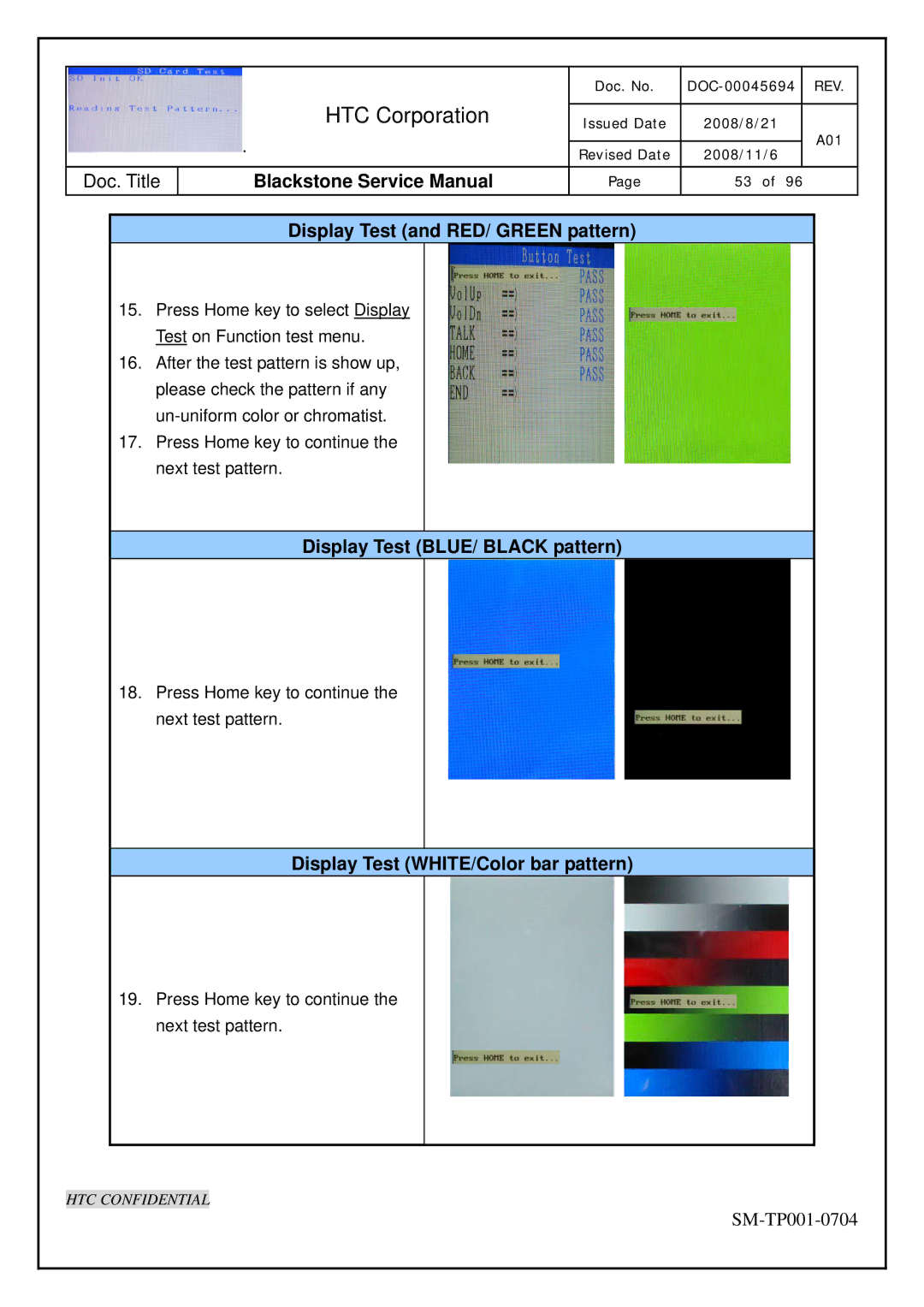 HTC SM-TP001-0704 service manual Display Test and RED/ Green pattern, Display Test BLUE/ Black pattern 