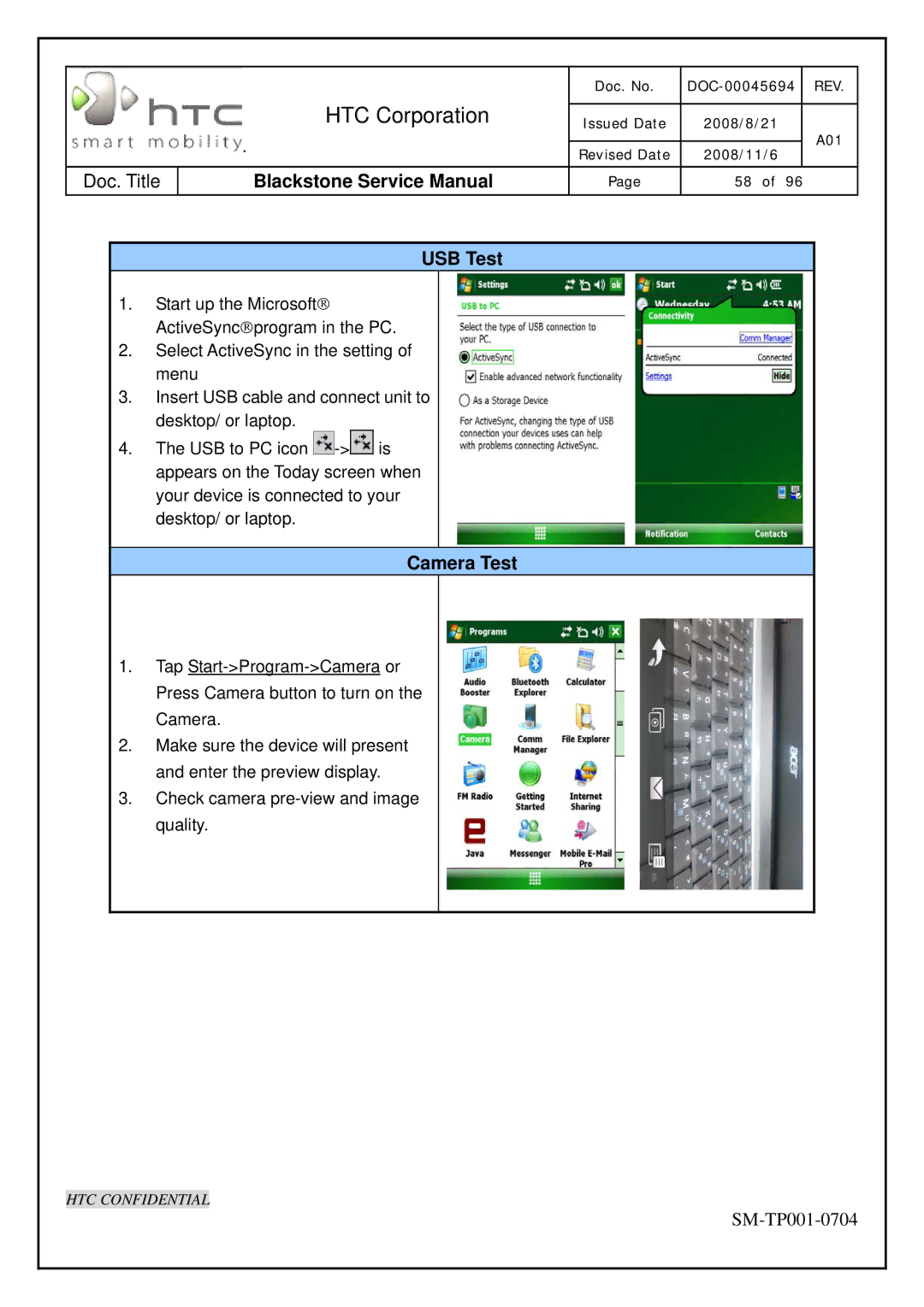 HTC SM-TP001-0704 service manual USB Test, Camera Test 