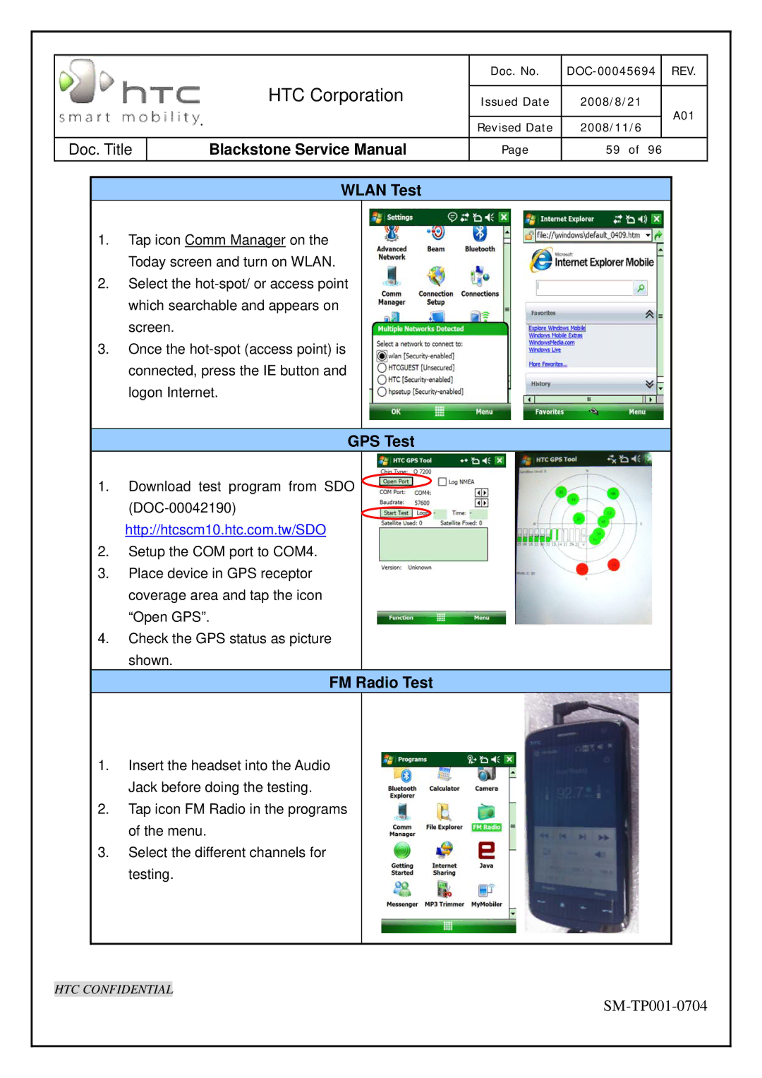 HTC SM-TP001-0704 service manual Wlan Test, GPS Test, FM Radio Test 