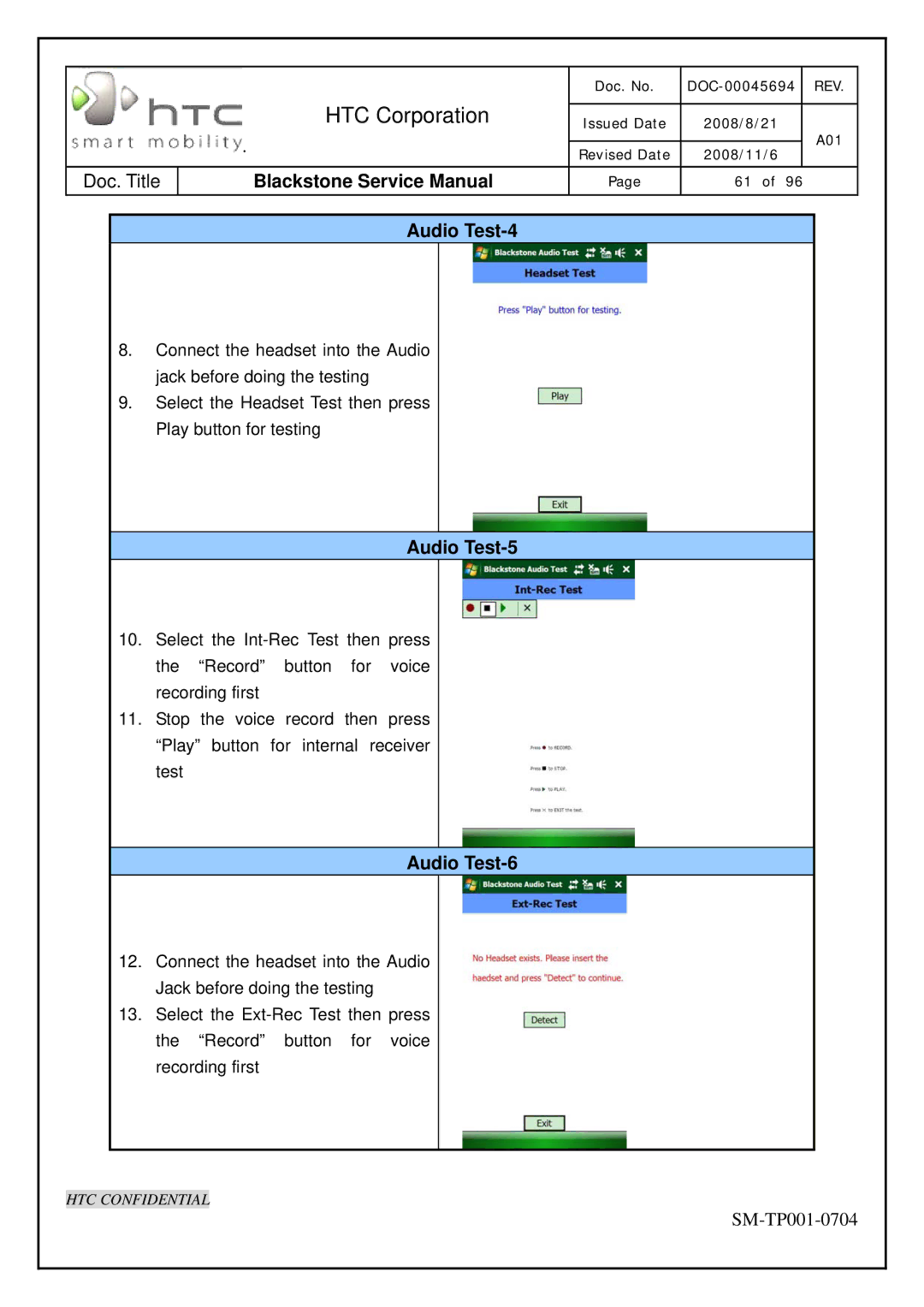 HTC SM-TP001-0704 service manual Audio Test-4, Audio Test-5, Audio Test-6 