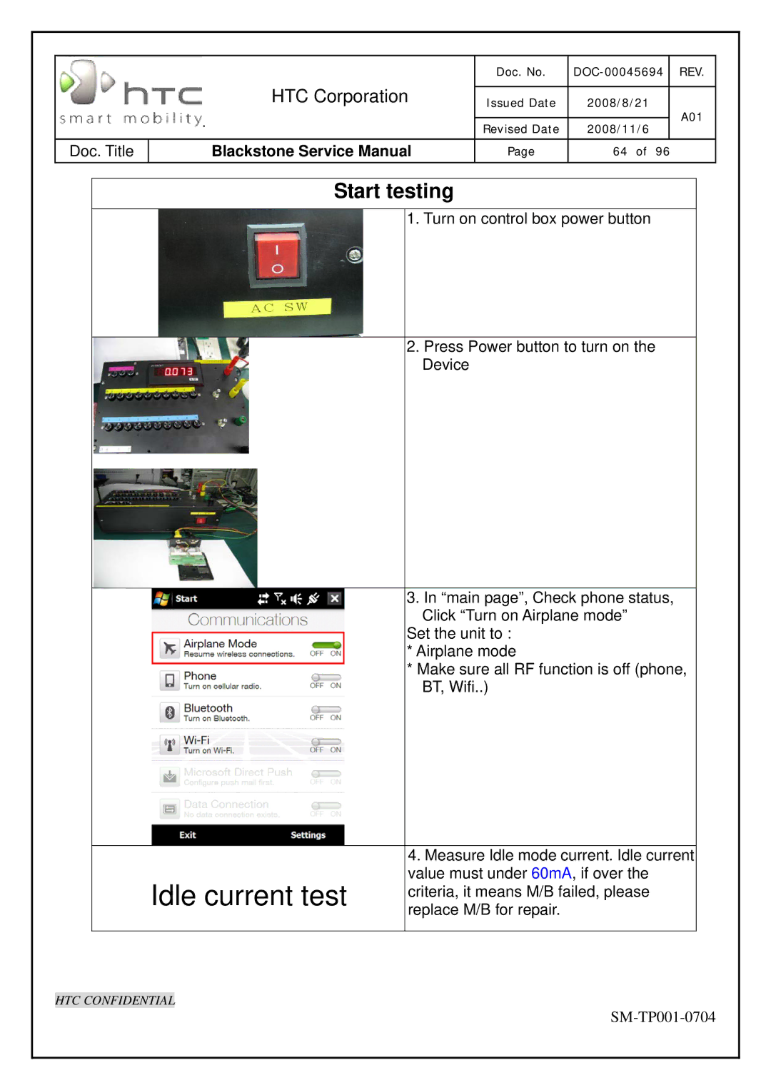 HTC SM-TP001-0704 service manual Idle current test, Start testing 