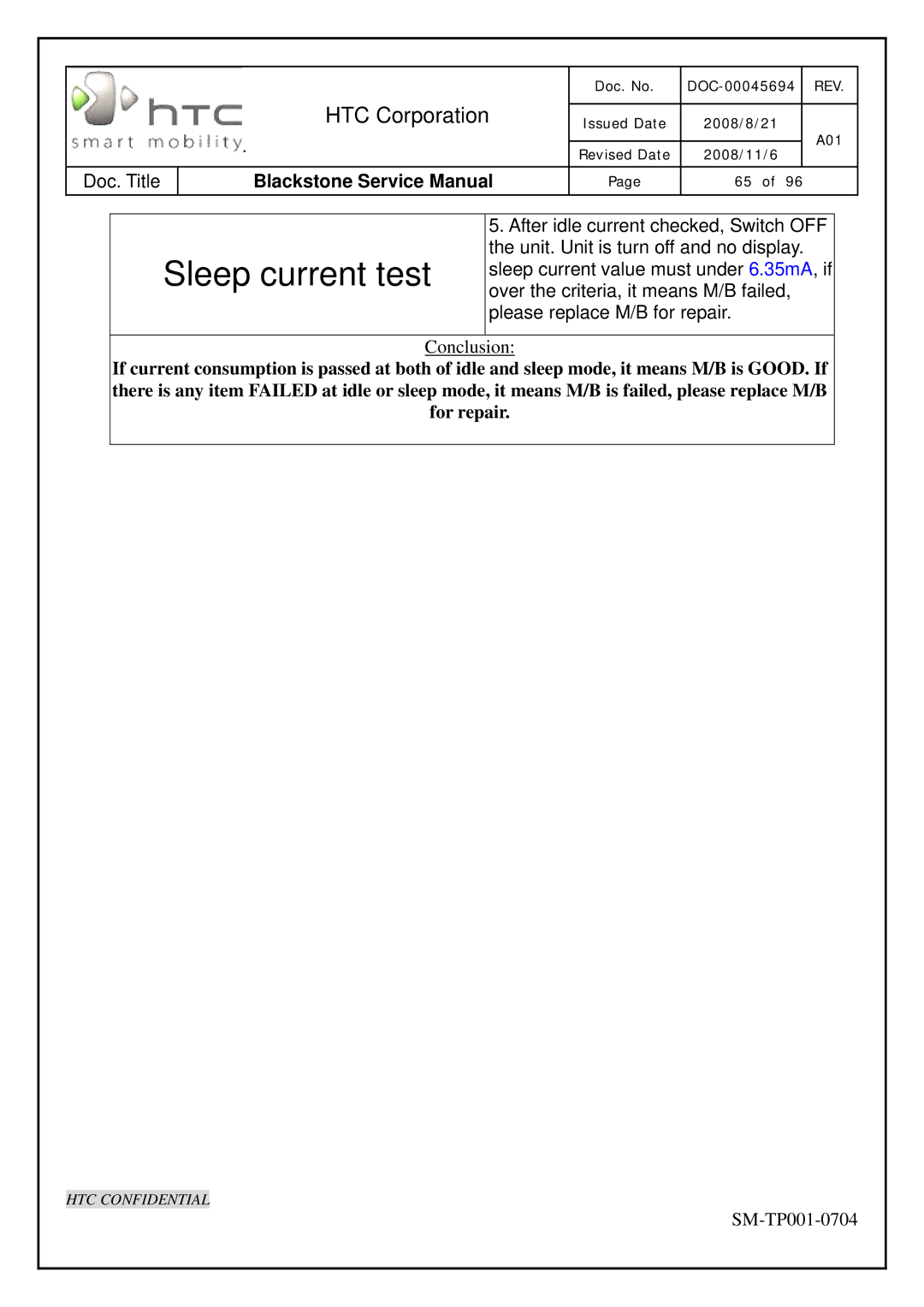 HTC SM-TP001-0704 service manual Sleep current test 