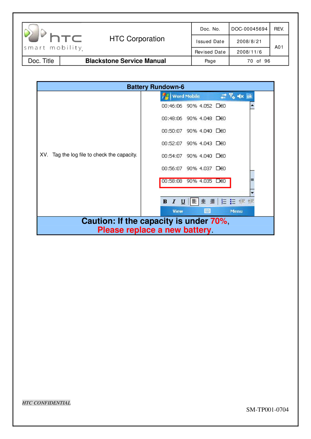 HTC SM-TP001-0704 service manual Please replace a new battery, Battery Rundown-6 