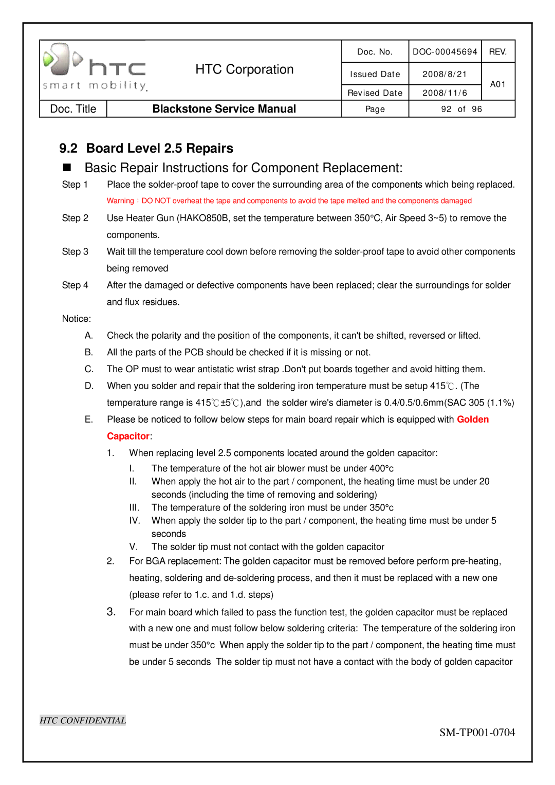 HTC SM-TP001-0704 service manual Board Level 2.5 Repairs, „ Basic Repair Instructions for Component Replacement 