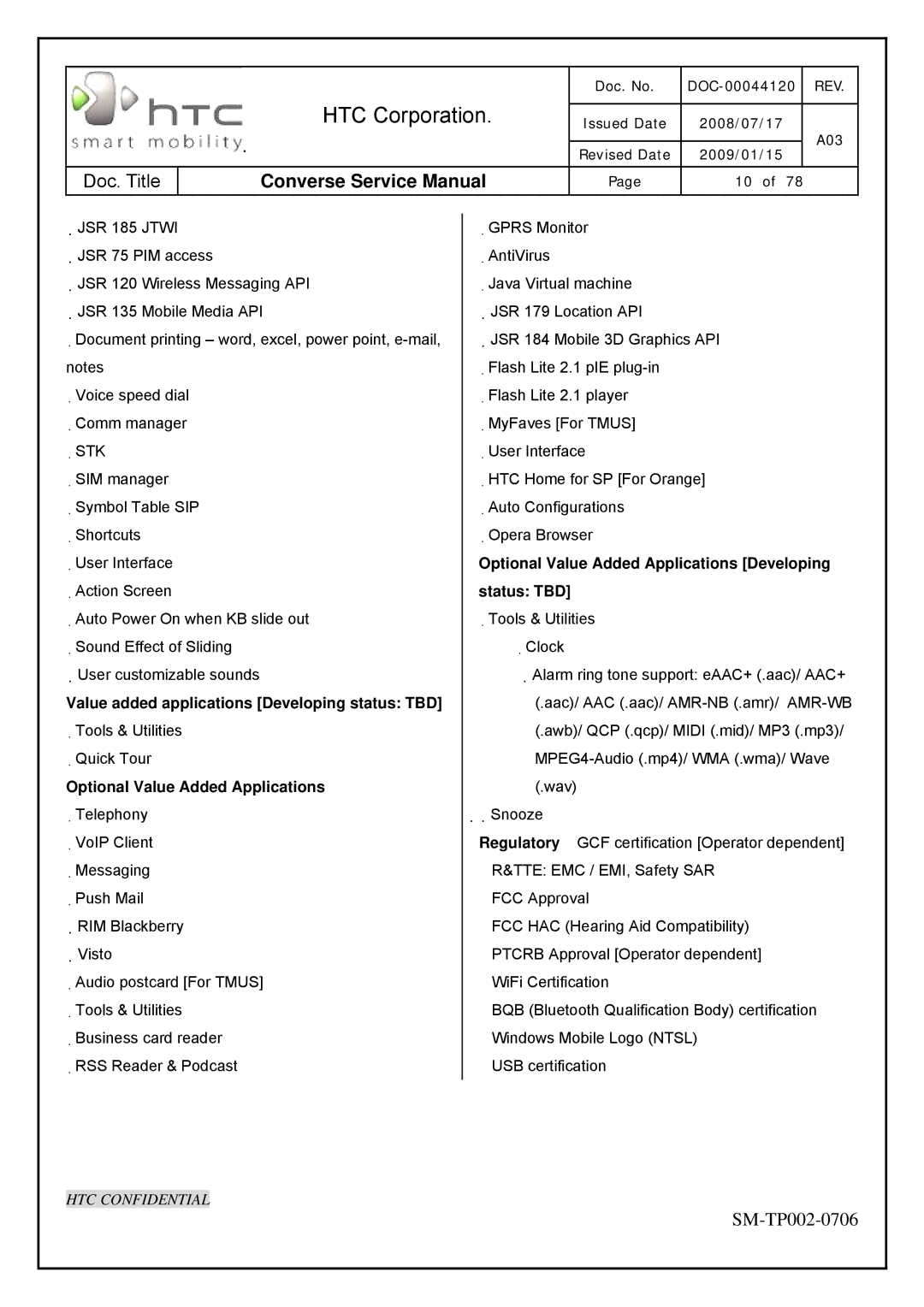 HTC SM-TP002-0706 service manual Value added applications Developing status TBD, Optional Value Added Applications 