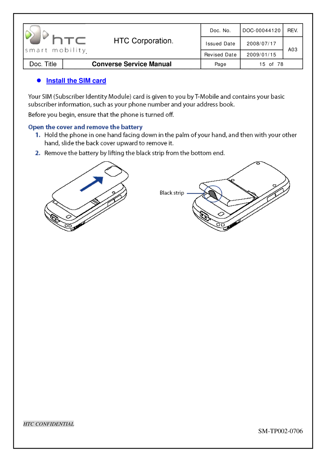 HTC SM-TP002-0706 service manual Install the SIM card 