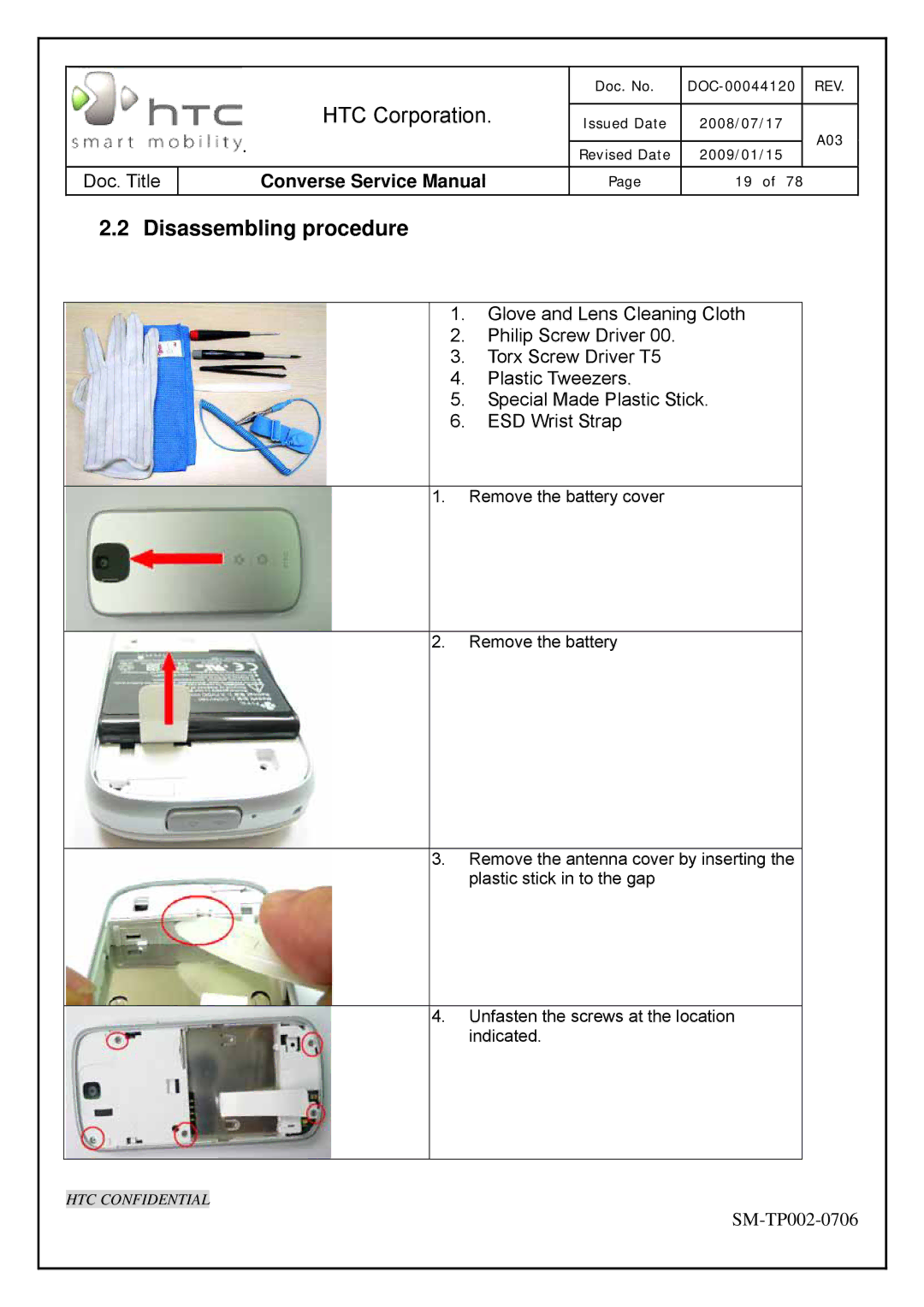 HTC SM-TP002-0706 service manual Disassembling procedure 