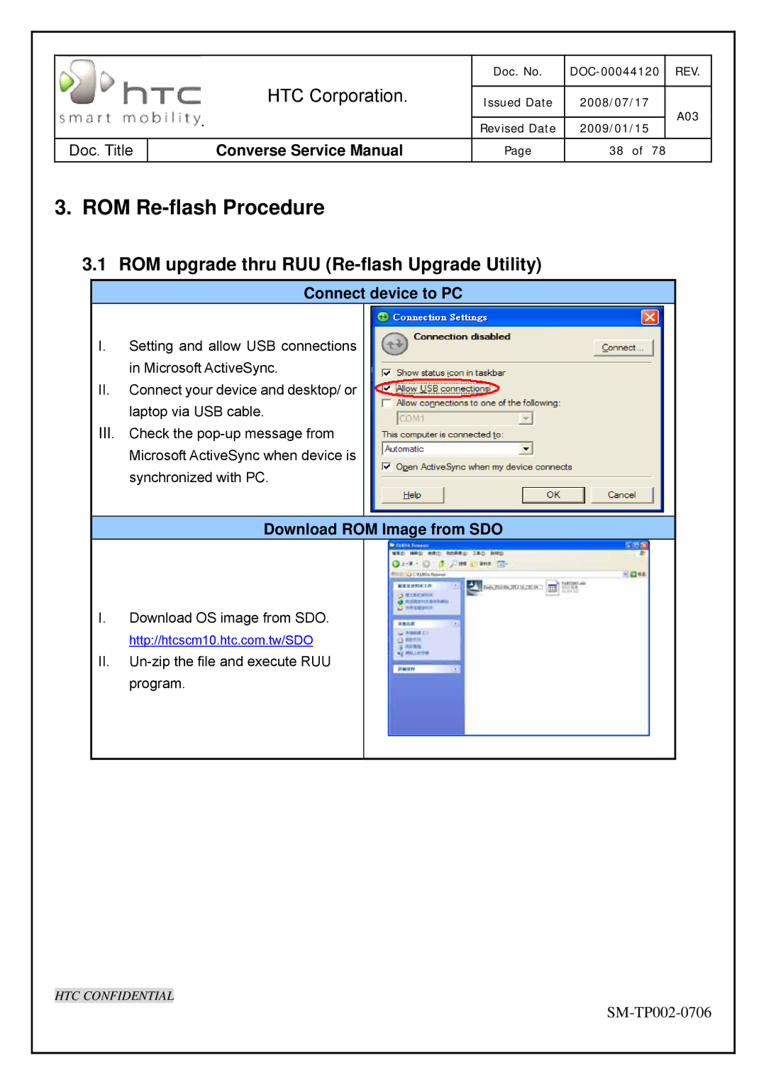 HTC SM-TP002-0706 ROM Re-flash Procedure, ROM upgrade thru RUU Re-flash Upgrade Utility, Connect device to PC 