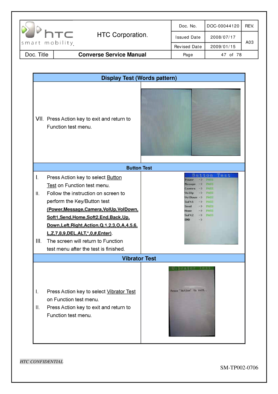 HTC SM-TP002-0706 service manual Display Test Words pattern, Vibrator Test, Button Test 