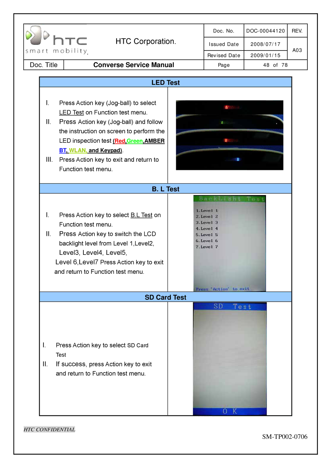 HTC SM-TP002-0706 service manual LED Test, SD Card Test, BT, WLAN, and Keypad 