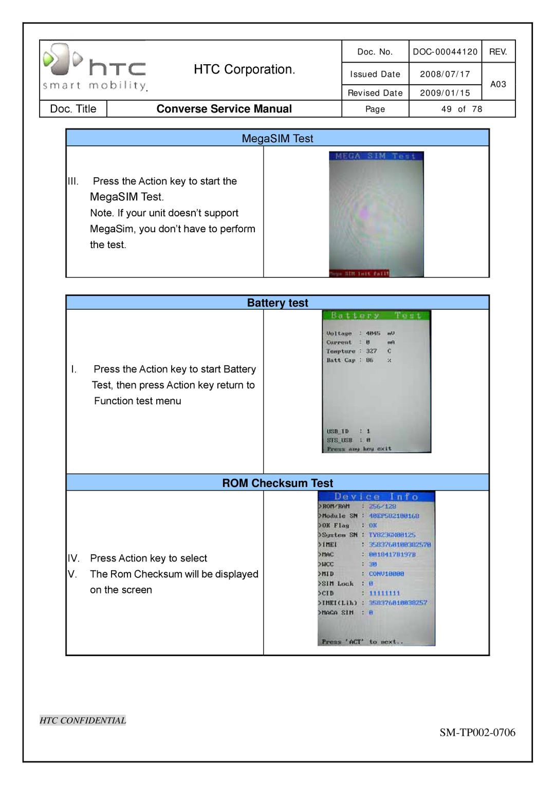 HTC SM-TP002-0706 service manual Battery test, ROM Checksum Test 