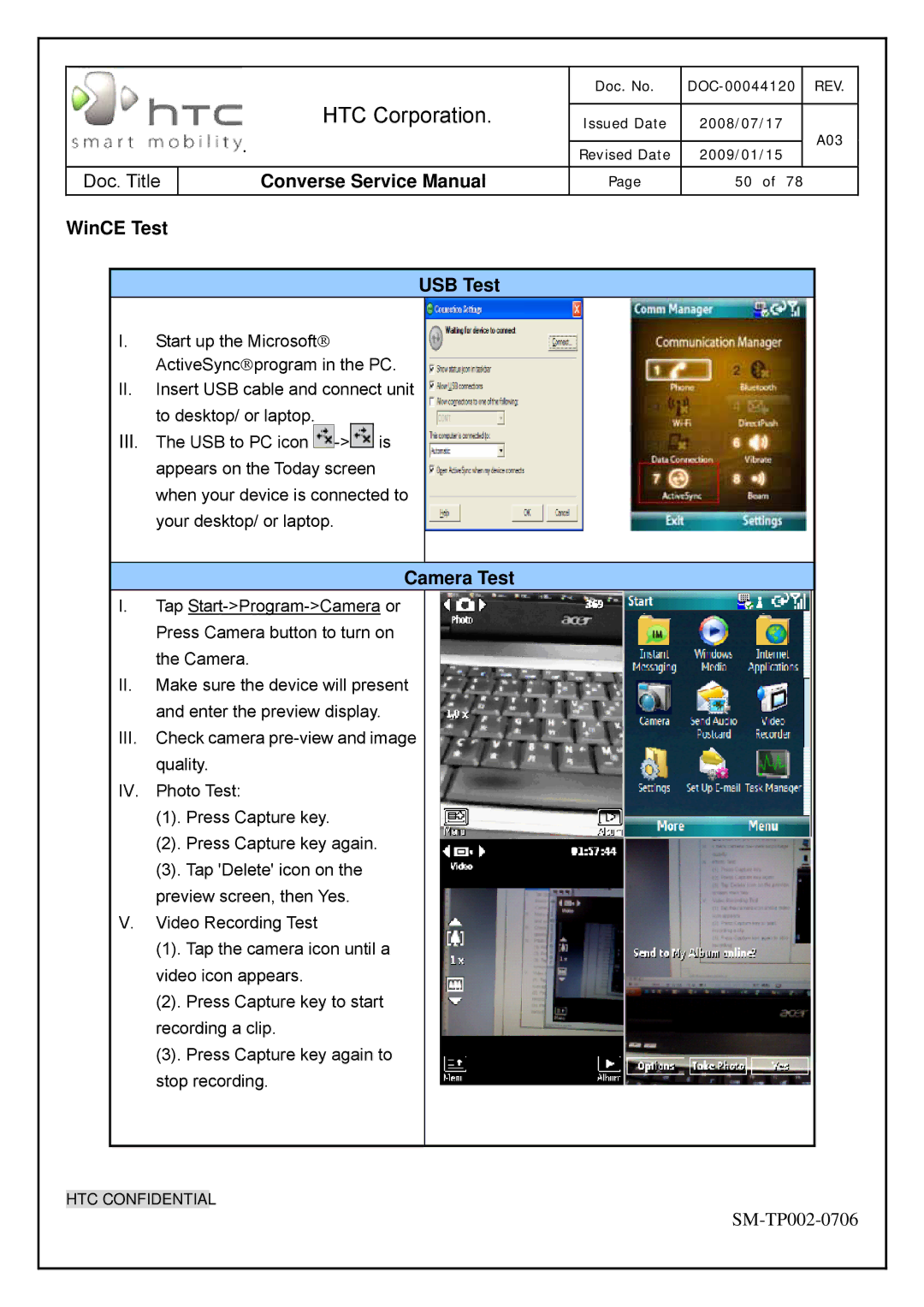 HTC SM-TP002-0706 service manual WinCE Test USB Test, Camera Test 