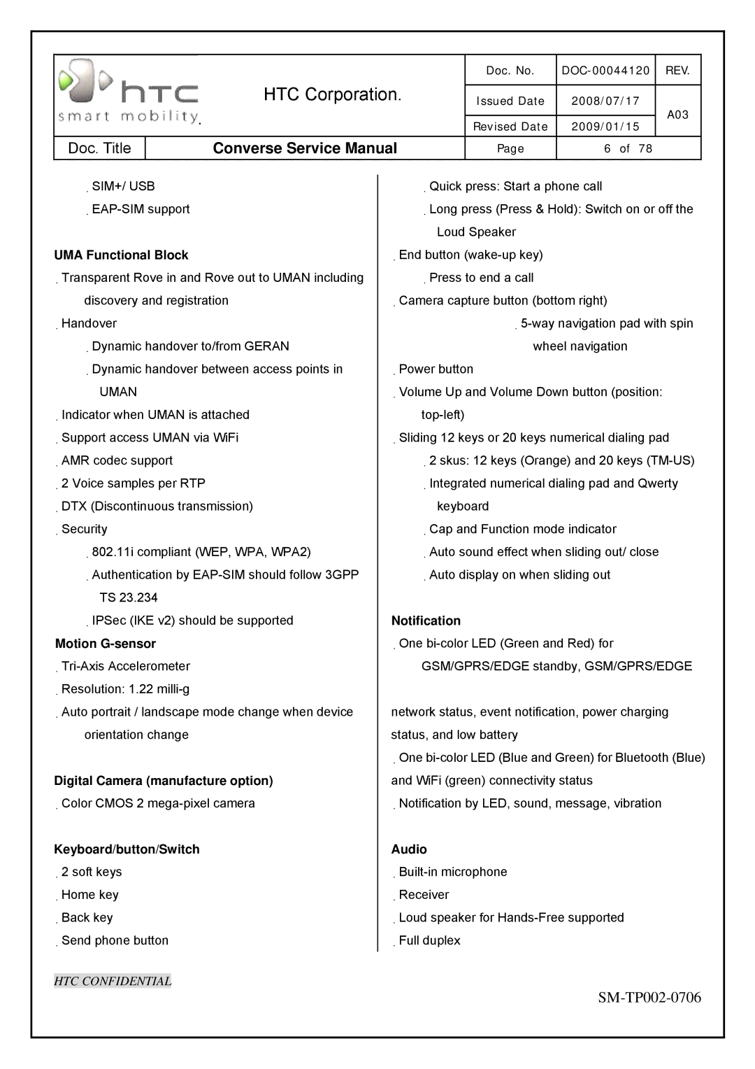 HTC SM-TP002-0706 UMA Functional Block, Motion G-sensor, Digital Camera manufacture option, Keyboard/button/Switch, Audio 