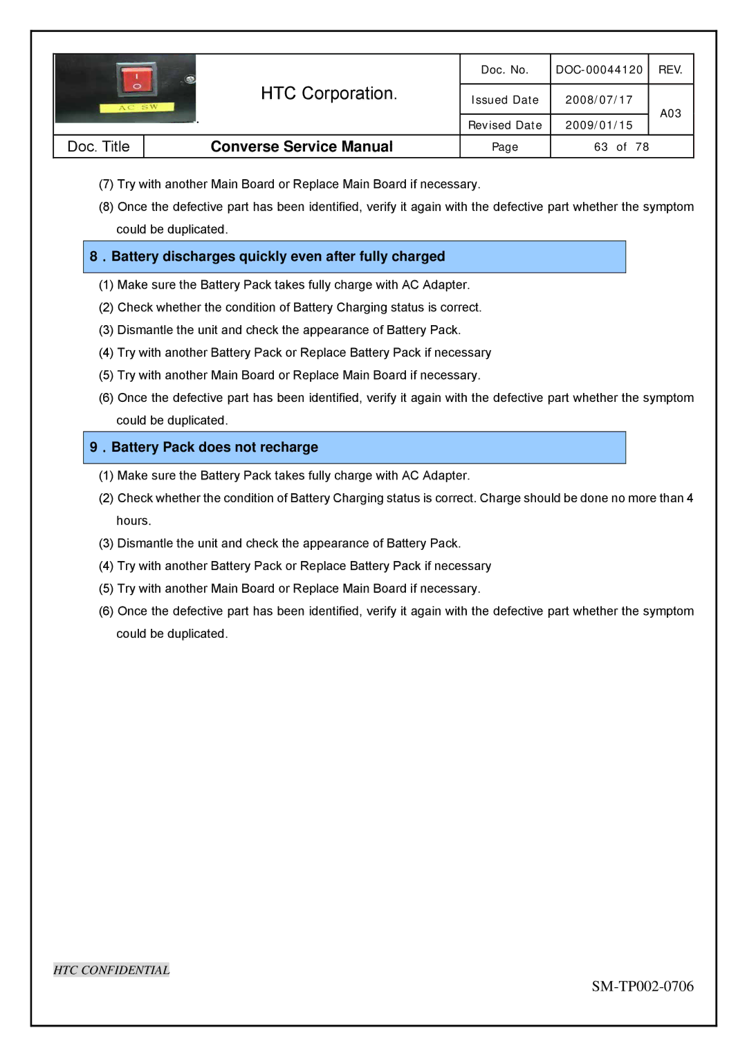 HTC SM-TP002-0706 service manual ．Battery discharges quickly even after fully charged 