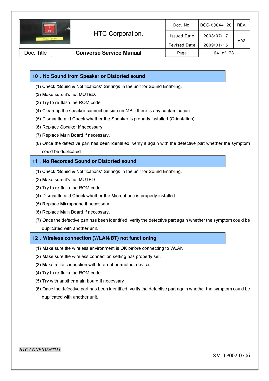 HTC SM-TP002-0706 service manual 10．No Sound from Speaker or Distorted sound 