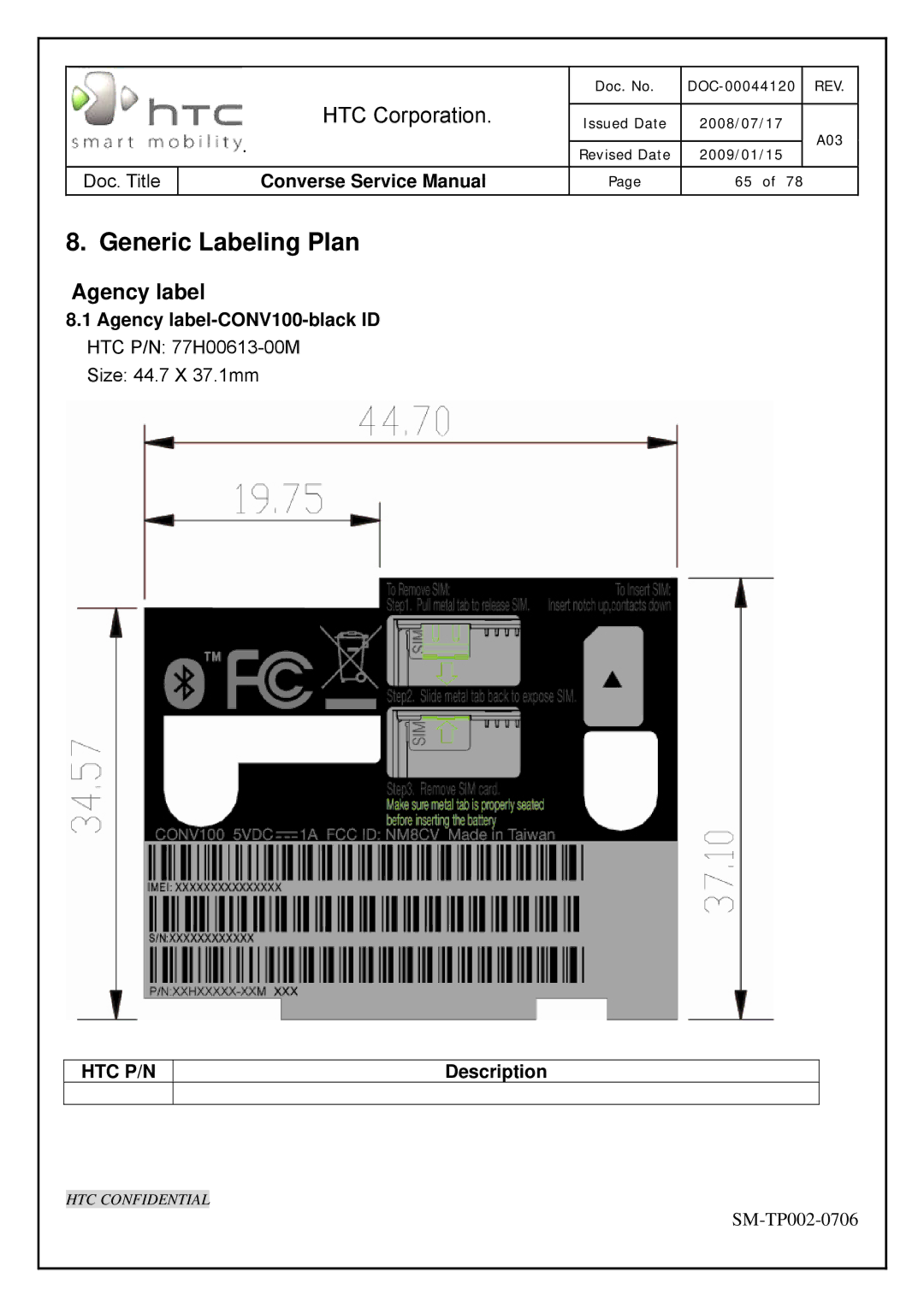 HTC SM-TP002-0706 service manual Generic Labeling Plan, Agency label, Description 