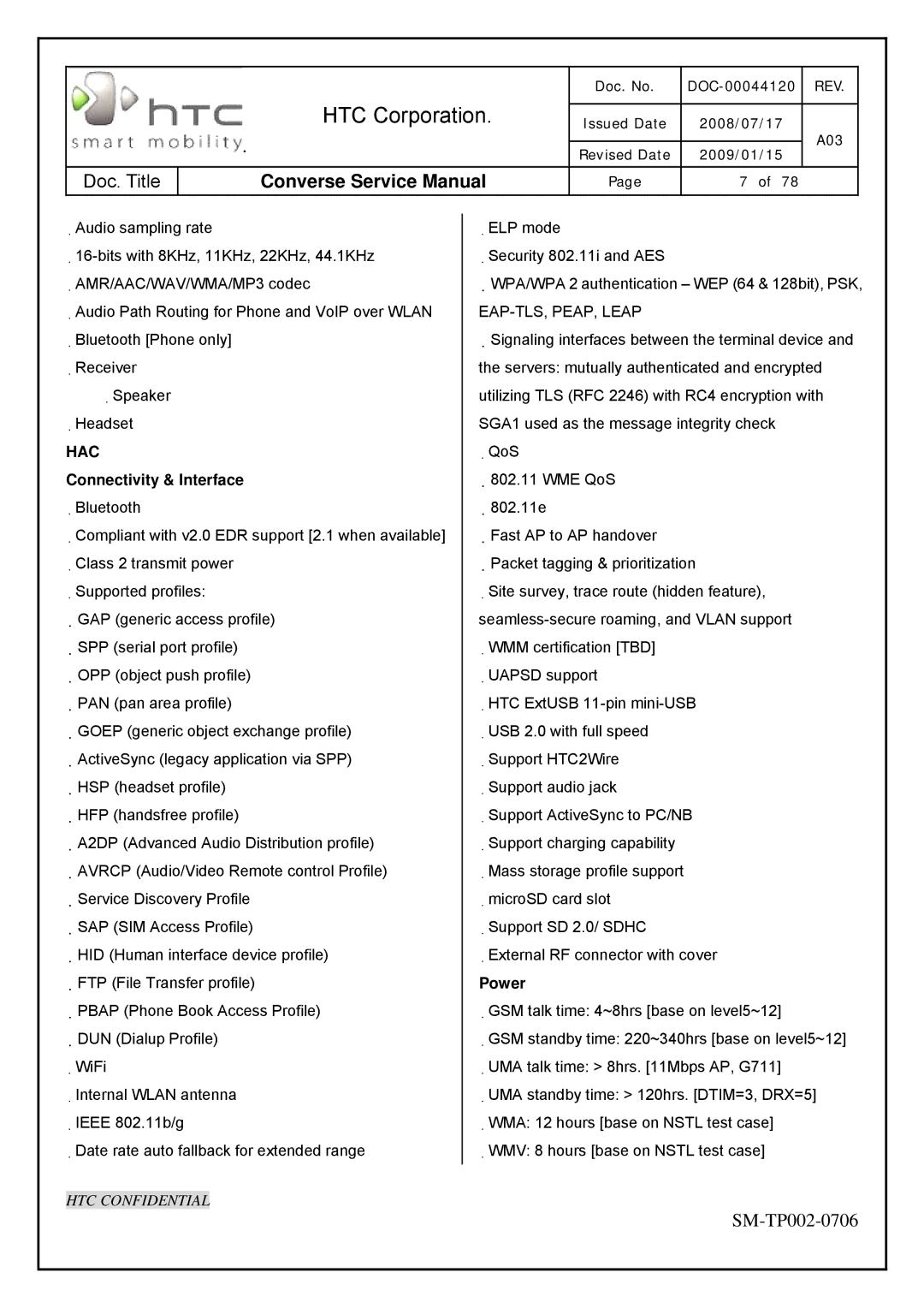 HTC SM-TP002-0706 service manual Connectivity & Interface, Power 